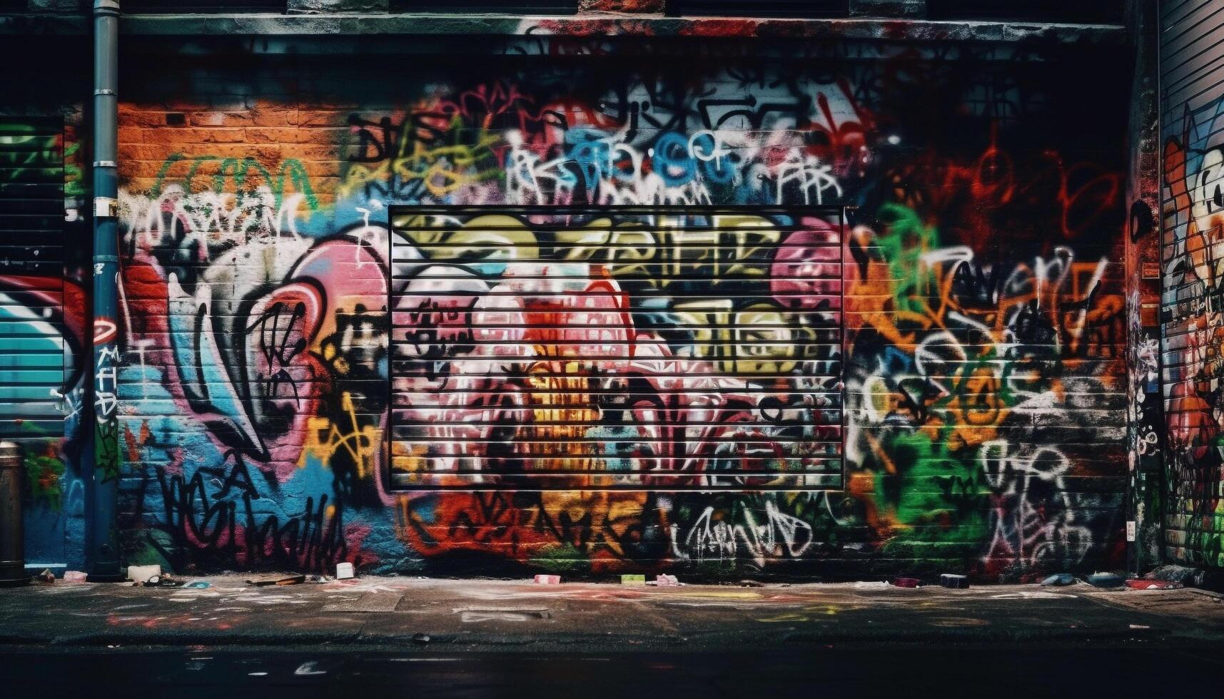 levendig graffiti muurschildering brengt chaotisch stad straat naar leven Bij nacht gegenereerd door ai foto