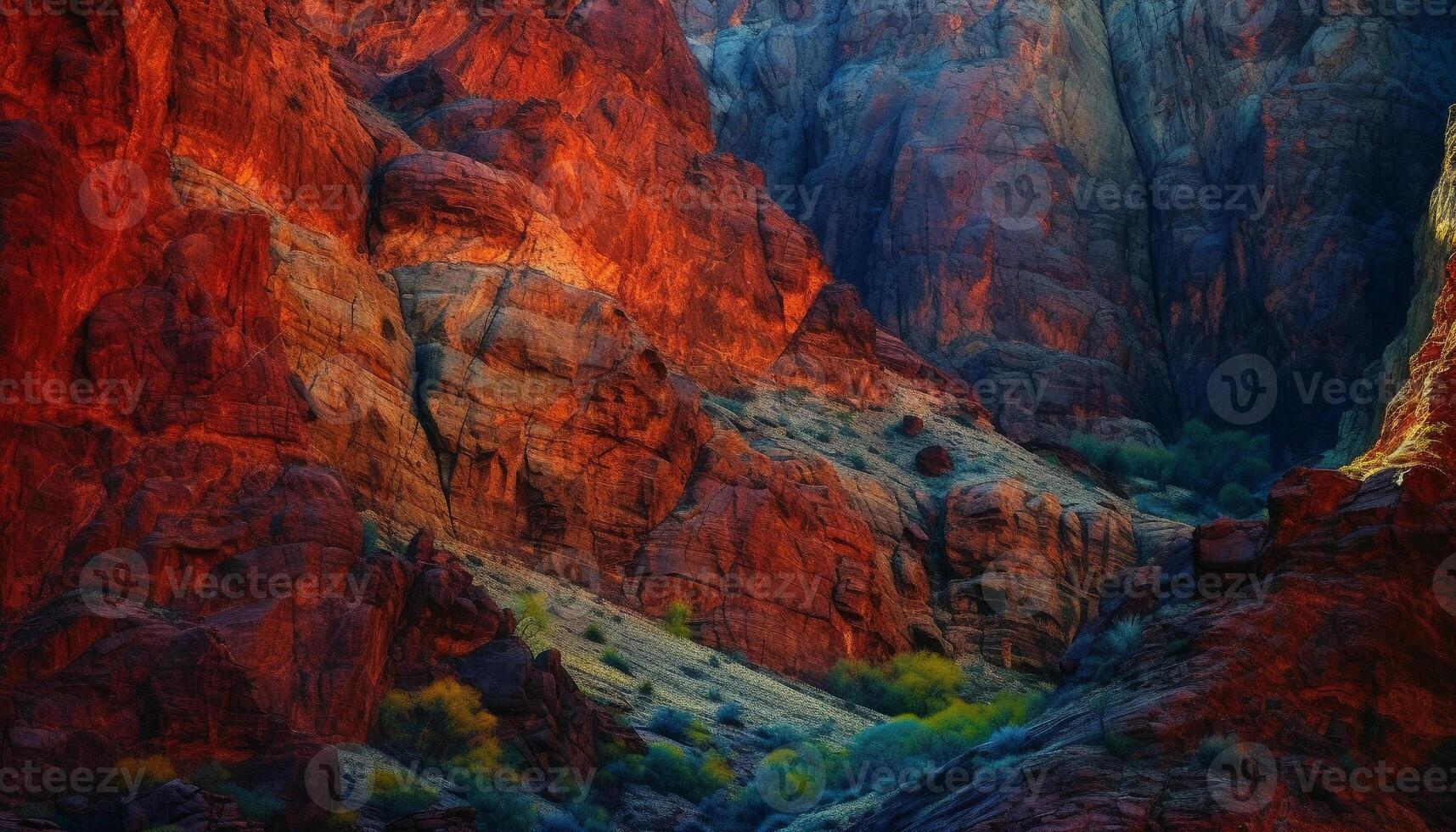 majestueus berg piek, geërodeerd rots vorming, rustig zonsondergang tafereel gegenereerd door ai foto