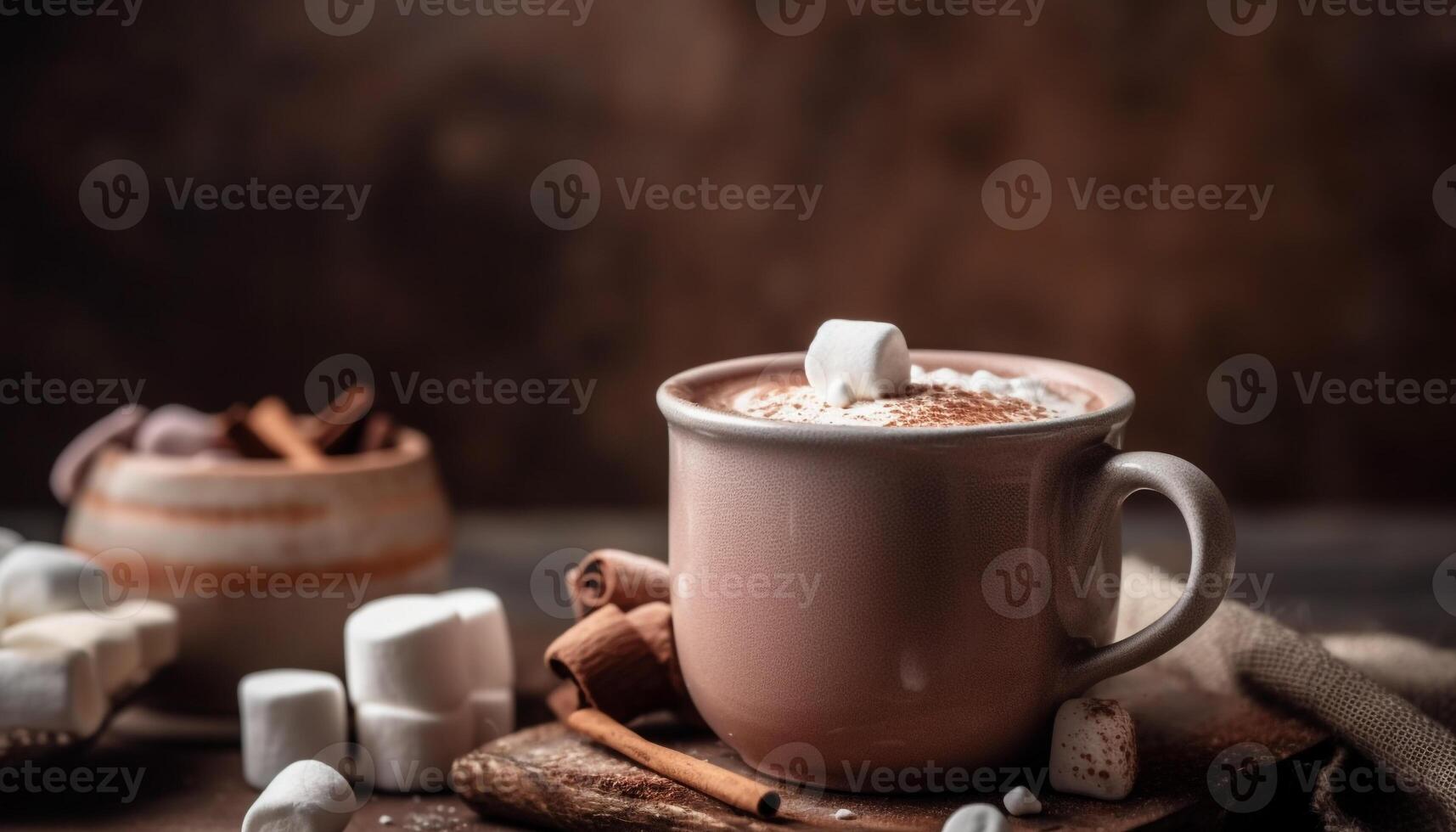 heet chocola en koekjes Aan rustiek tafel, een winter traktatie gegenereerd door ai foto