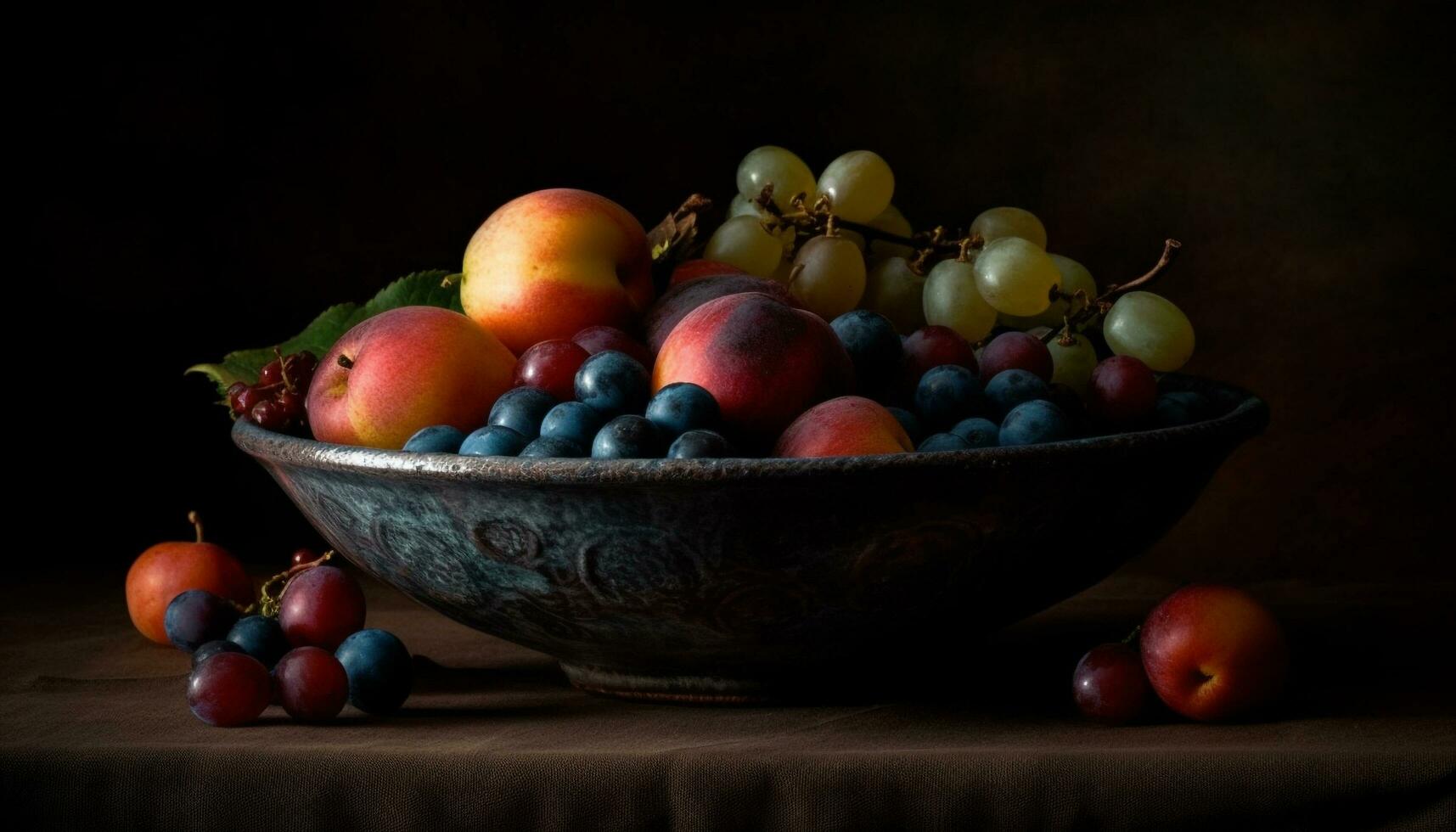 rustiek fruit kom Aan houten tafel, een gezond oogst maaltijd gegenereerd door ai foto