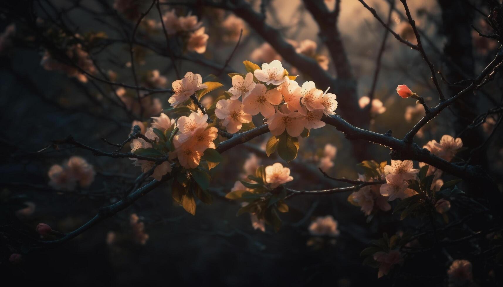 kers bloesem boeket, levendig kleuren in formeel tuin ontwerp gegenereerd door ai foto