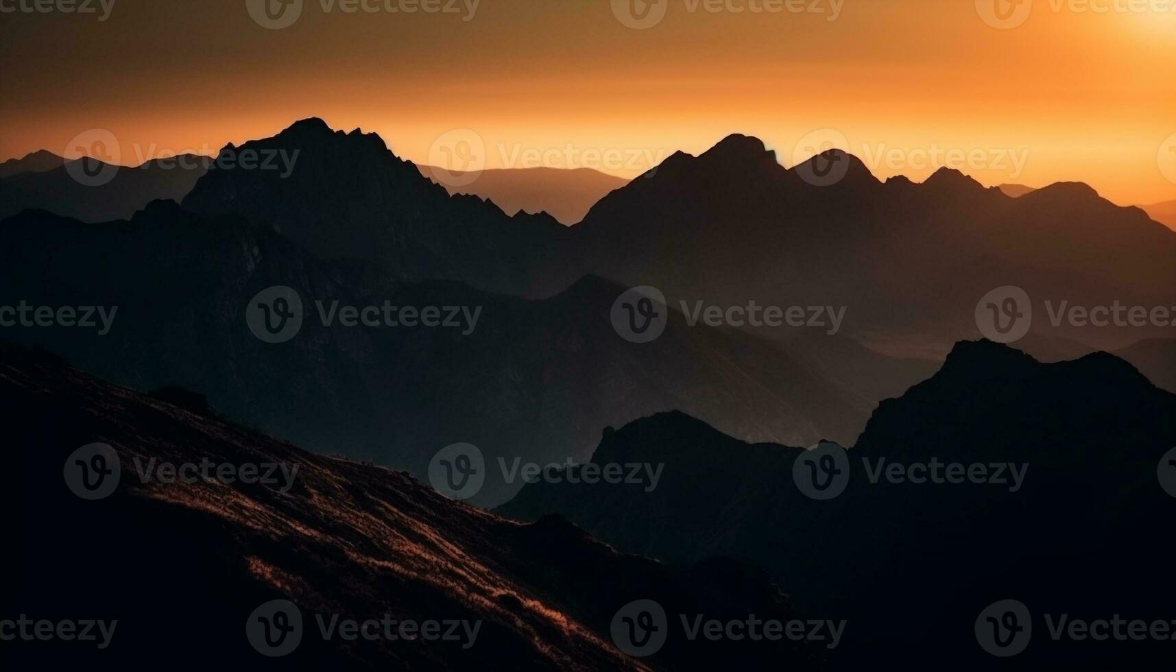 de majestueus berg reeks aftekenen tegen de rustig zonsondergang lucht gegenereerd door ai foto