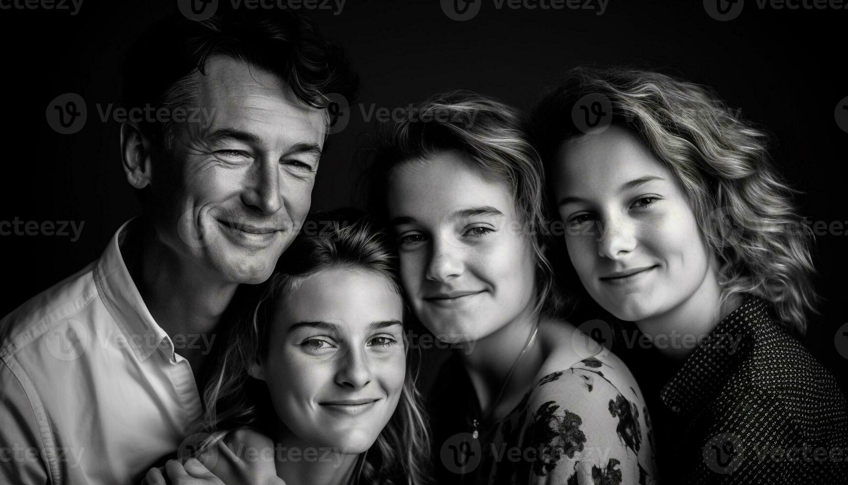 een blij familie omarmt, glimlachen voor een zwart en wit portret gegenereerd door ai foto