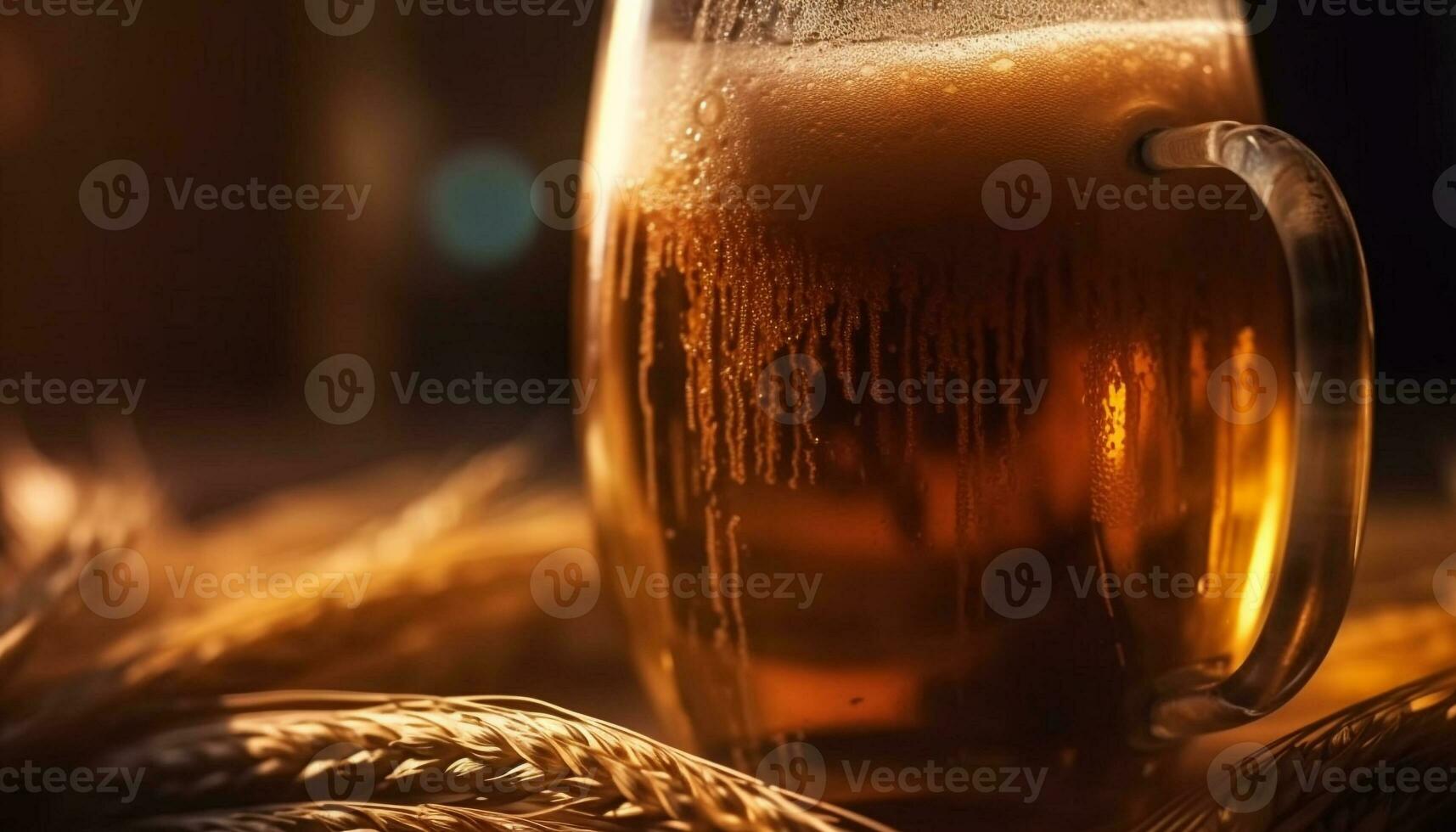 een schuimig pint van donker goud bier Aan houten tafel gegenereerd door ai foto