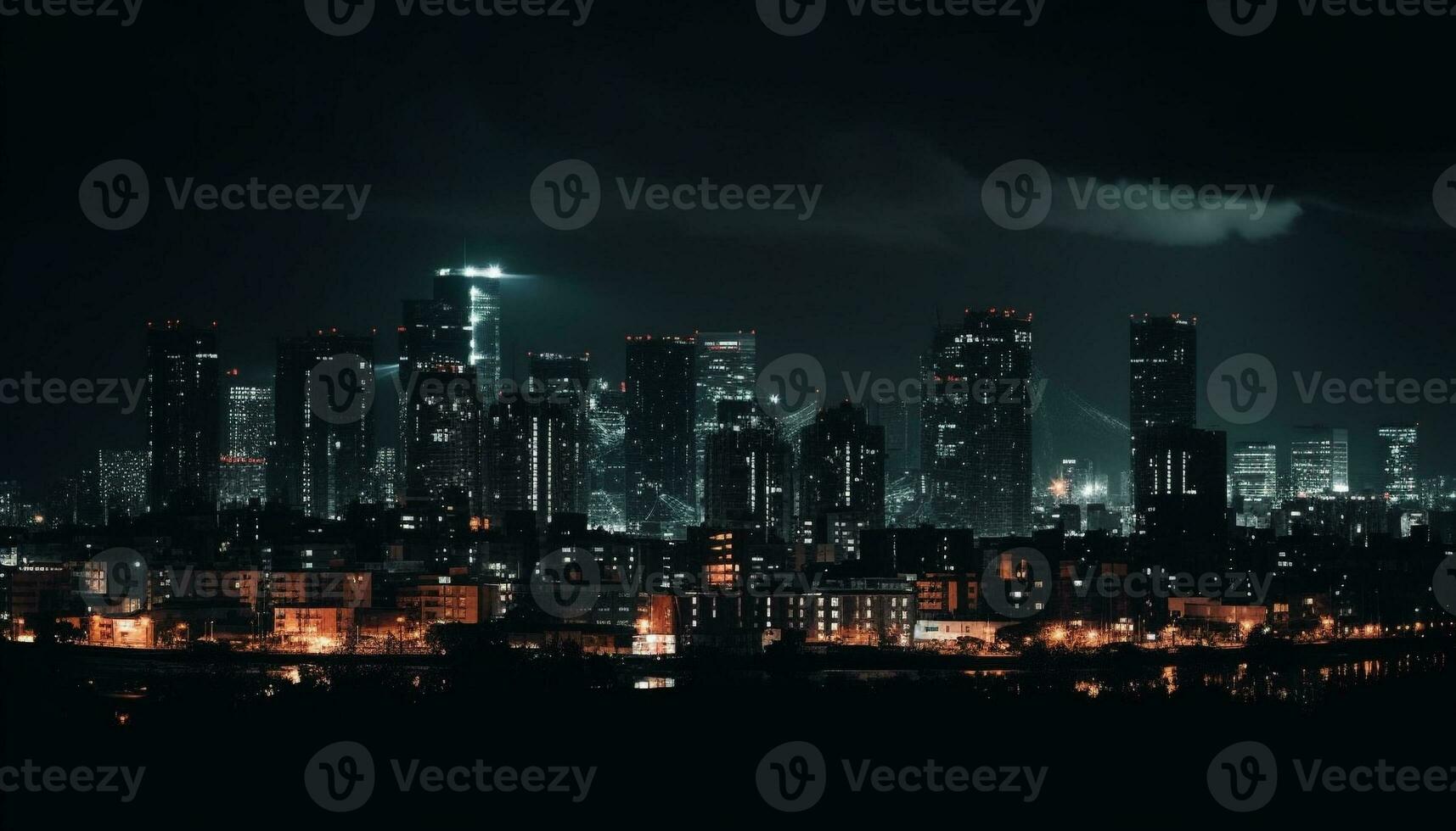 silhouet van modern wolkenkrabbers verlichten stad horizon Bij schemer gegenereerd door ai foto