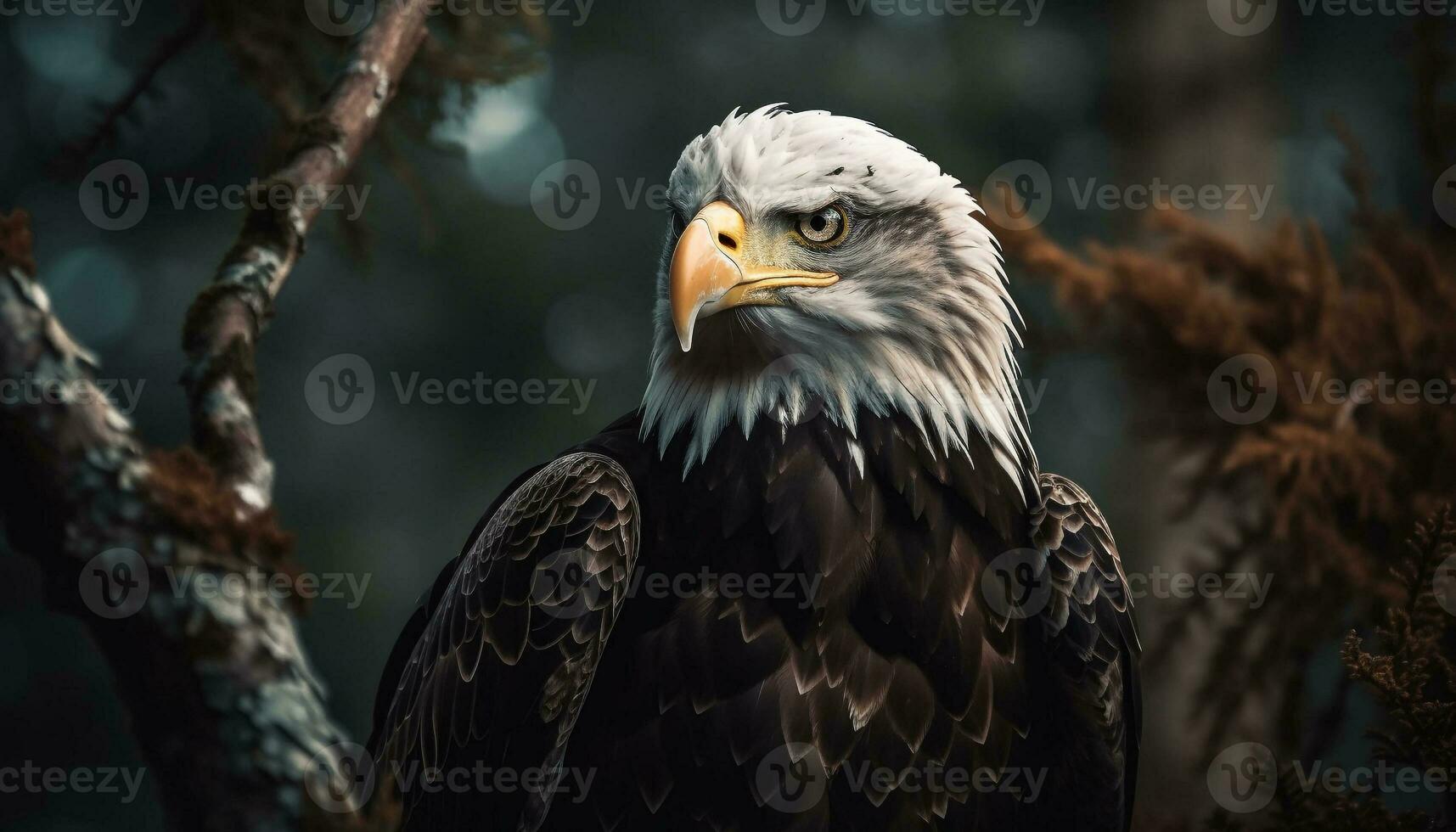 de majestueus kaal adelaar neerstrijken Aan een tak, jacht- prooi gegenereerd door ai foto