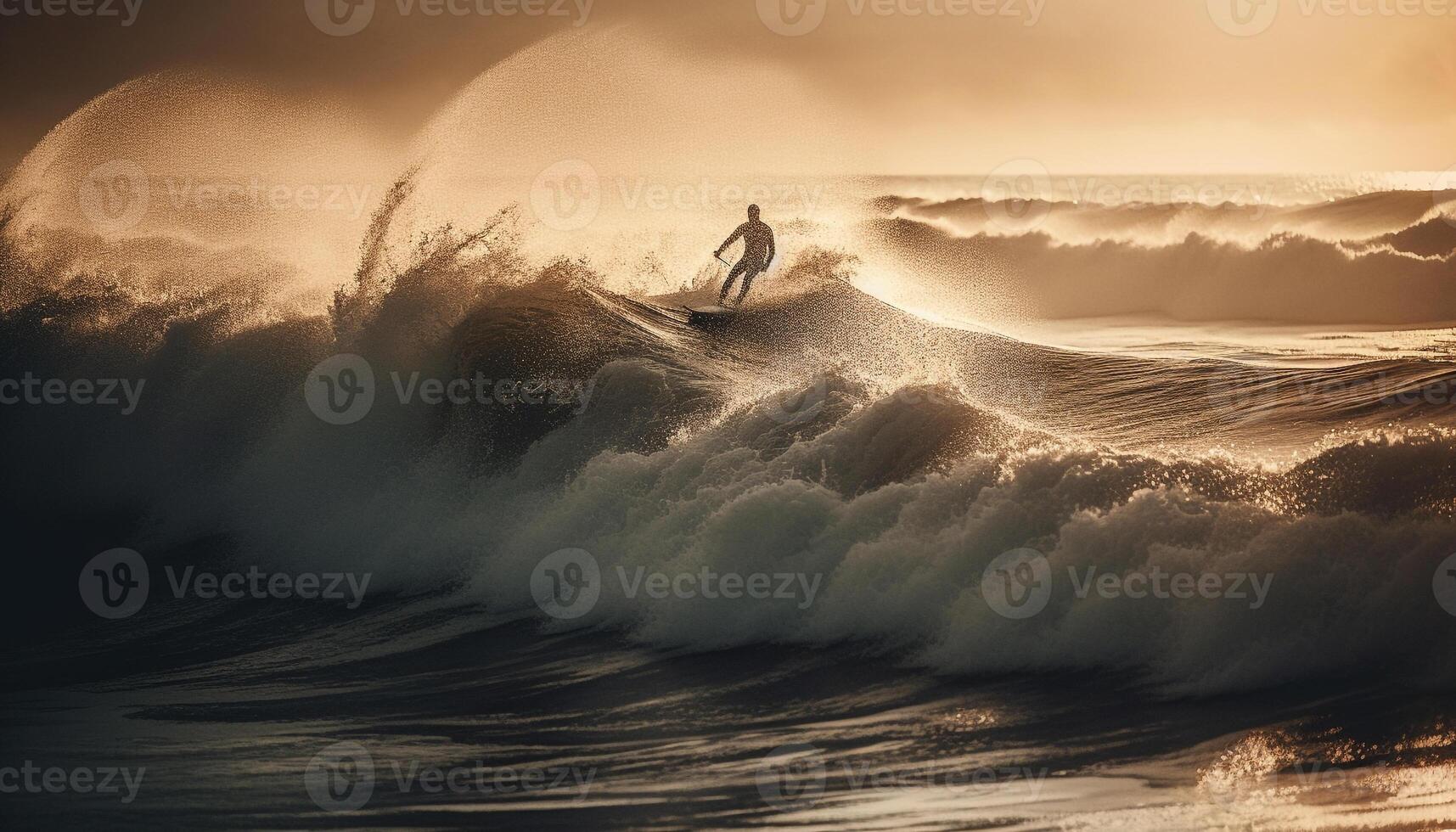 surfing Bij zonsondergang, een atleet saldi Aan nat tij gegenereerd door ai foto