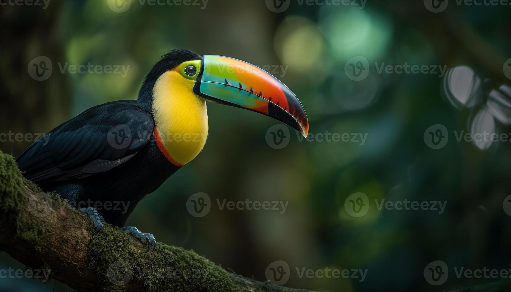 de levendig toekan zitstokken Aan een groen Afdeling in natuur gegenereerd door ai foto