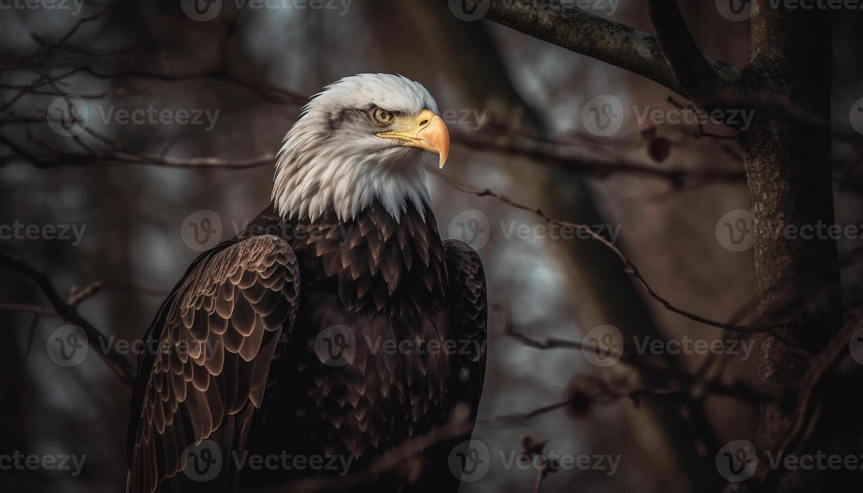 majestueus kaal adelaar neerstrijken Aan tak, symbool van Amerikaans patriottisme gegenereerd door ai foto