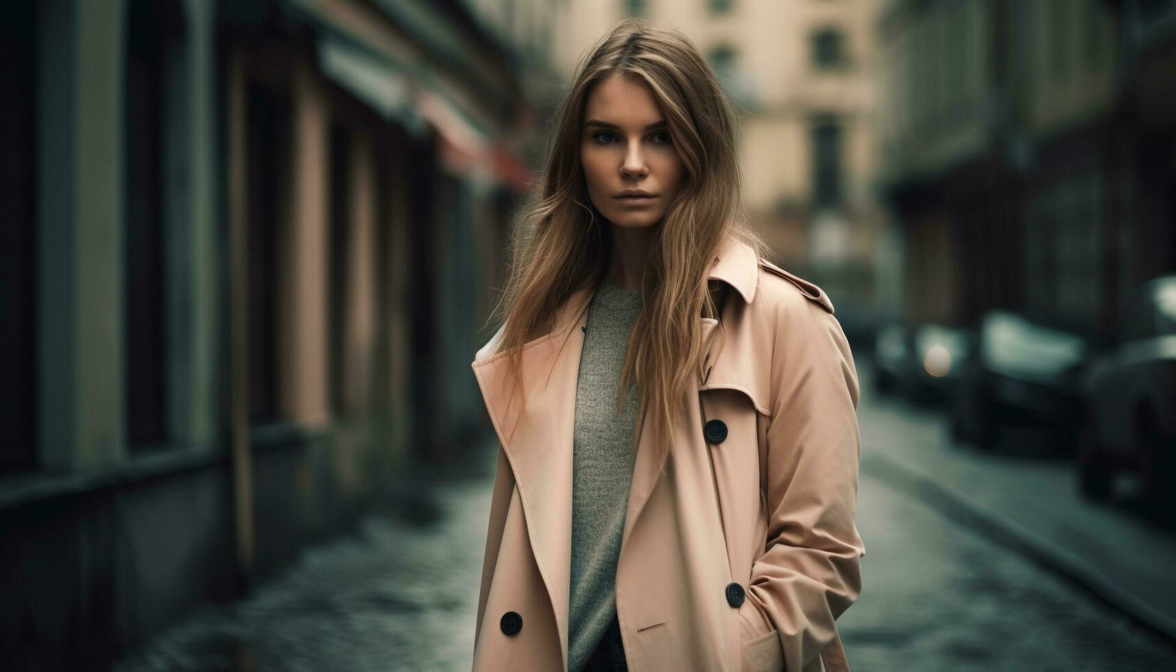 een jong, zelfverzekerd zakenvrouw wandelen buitenshuis in warm, modern kleding gegenereerd door ai foto