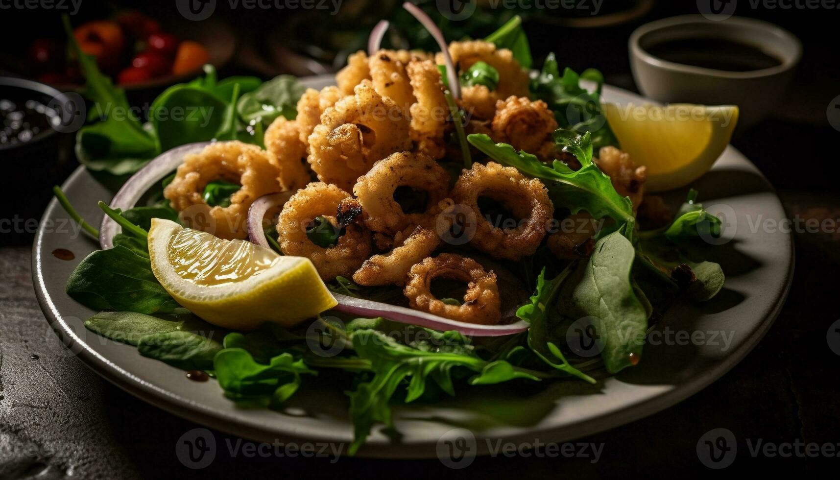 gegrild zeevruchten bord met vers salade, citroen, en koriander garneer gegenereerd door ai foto