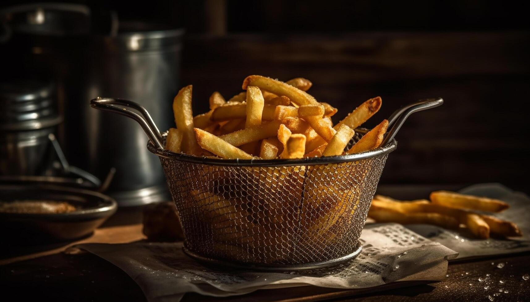 diep gebakken rustiek Frans Patat in metaal container, perfect tussendoortje gegenereerd door ai foto