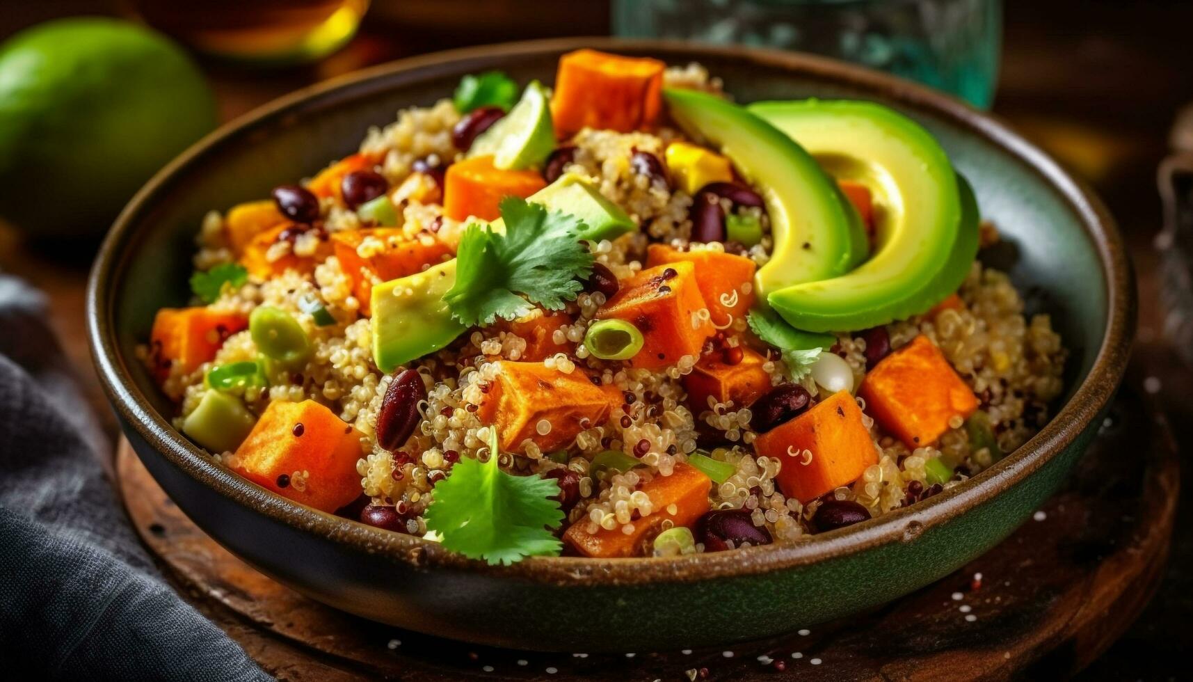 vers, gezond salade kom met quinoa, wortel, en avocado guacamole gegenereerd door ai foto