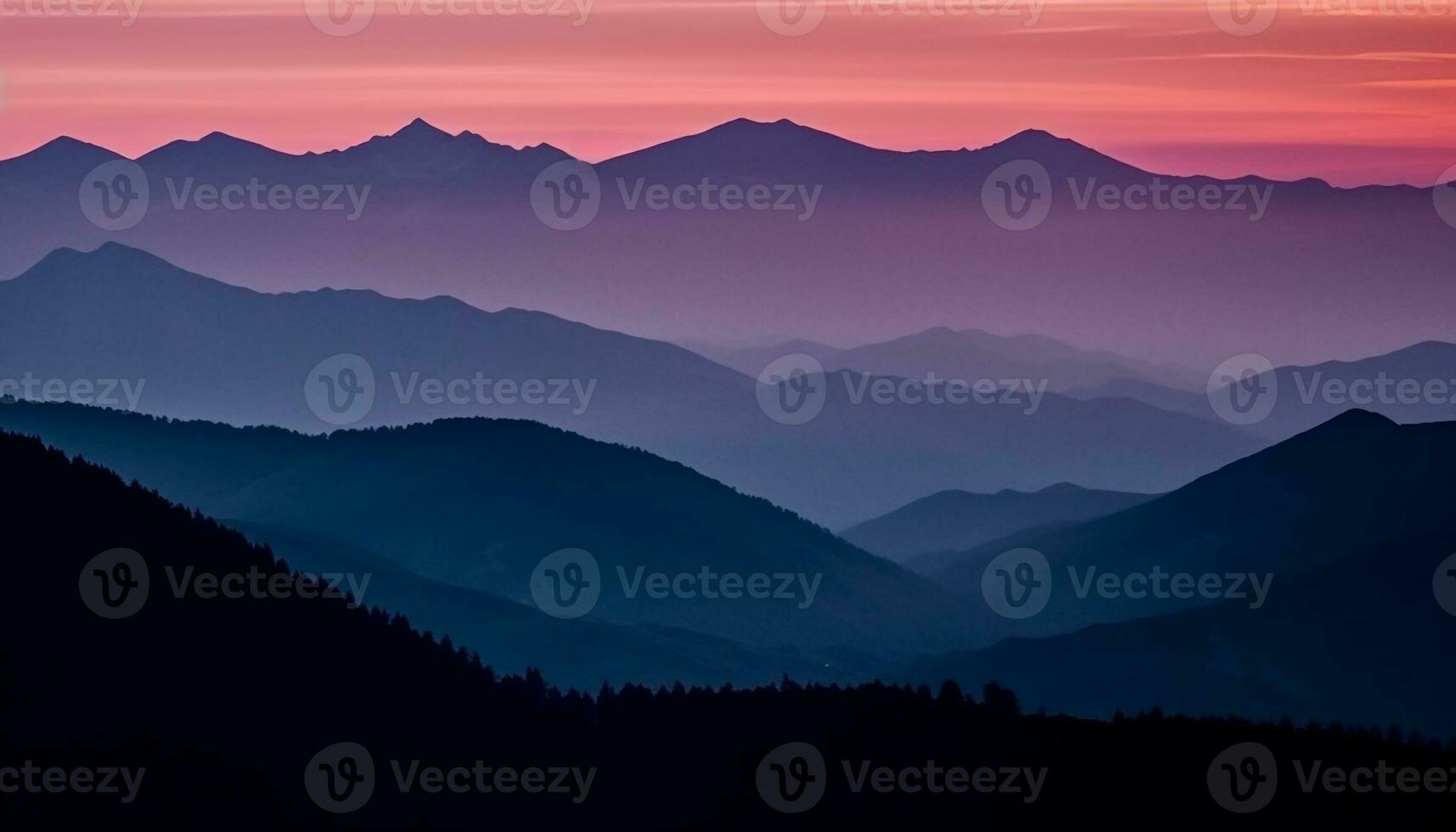 de majestueus berg reeks aftekenen tegen de rustig zonsondergang lucht gegenereerd door ai foto