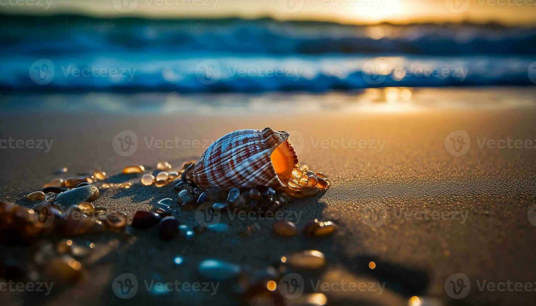 zonsondergang zeeschelp weerspiegelt rustig wateren, natuur schoonheid gegenereerd door ai foto