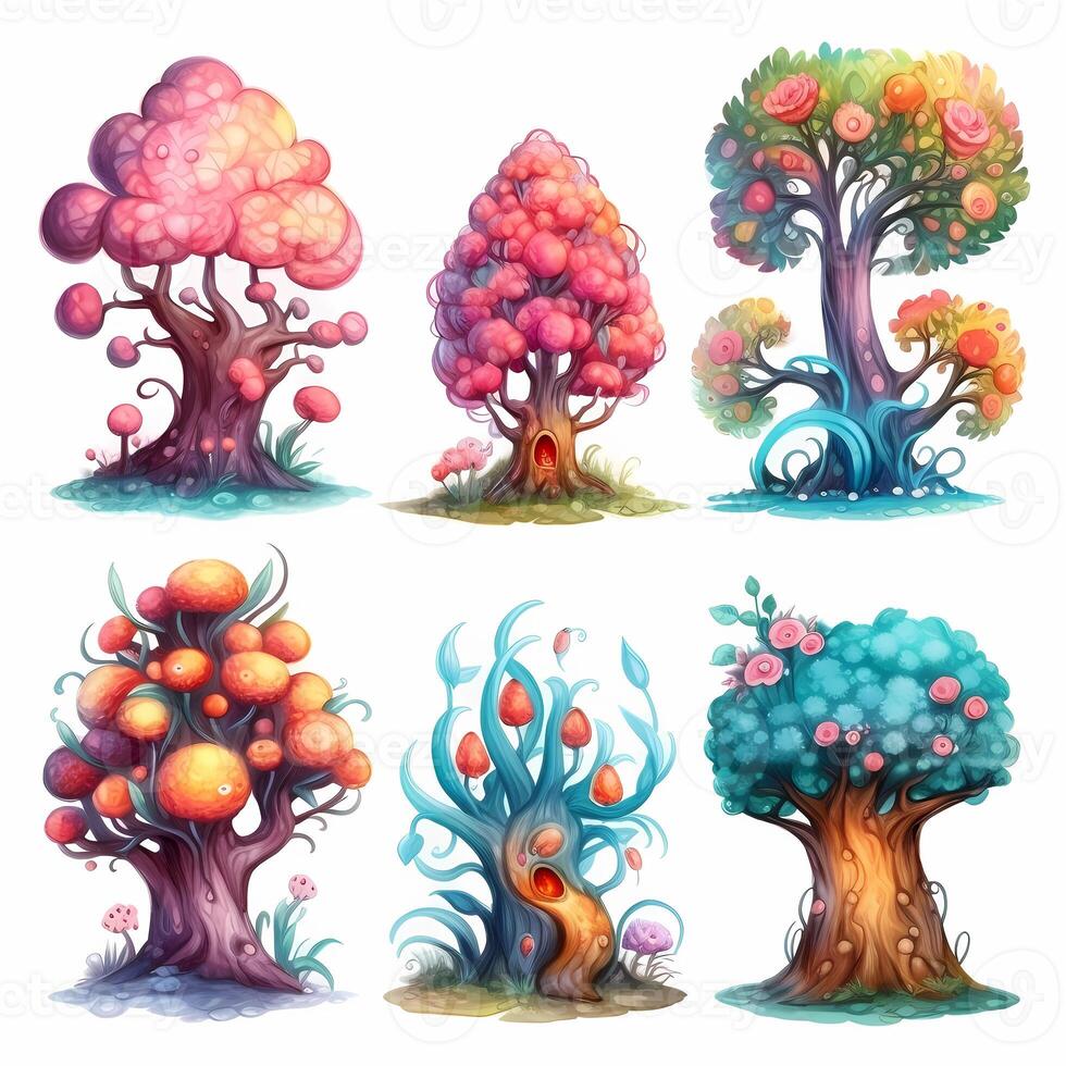 reeks van kleurrijk fantasie boom elementen verzameling ai gegenereerd illustratie foto
