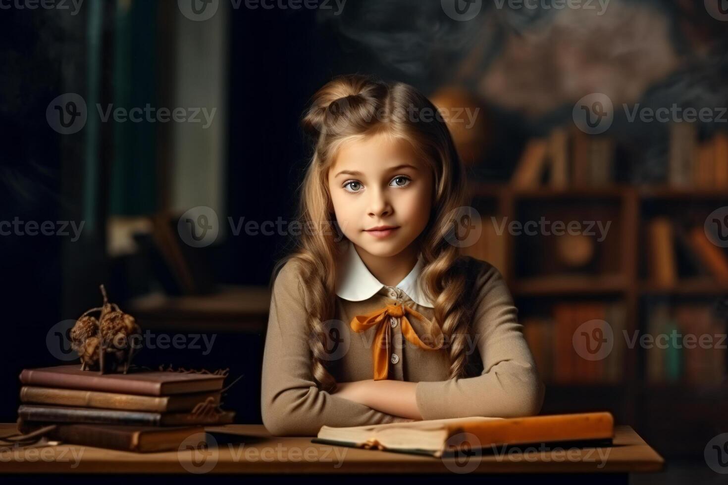 vrij foto terug naar school. schattig kind schoolmeisje zittend Bij een bureau in een kamer gemaakt met generatief ai