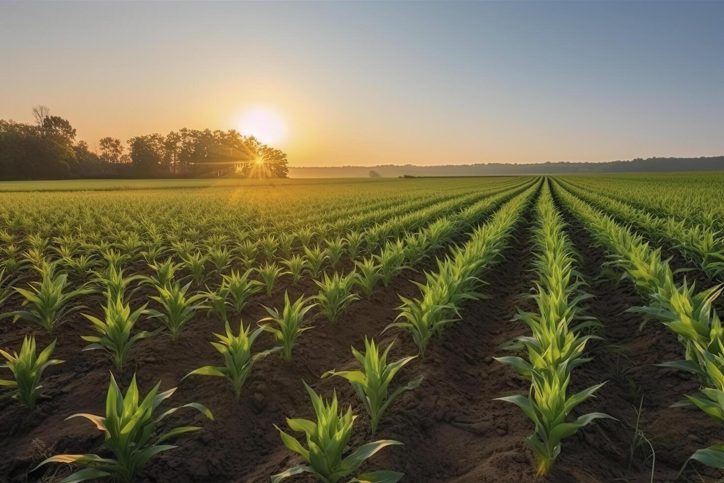 veld- met rijen van jong maïs. ochtend- landelijk landschap.ai generatief foto