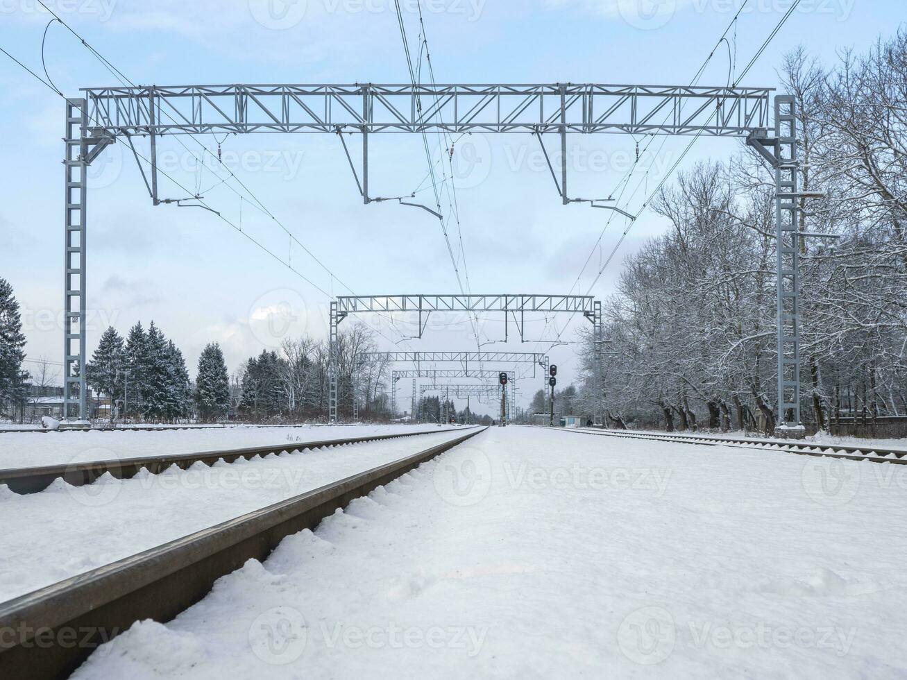 spoorweg sporen tussen de wit winter sneeuwbanken, landelijk spoorweg. foto