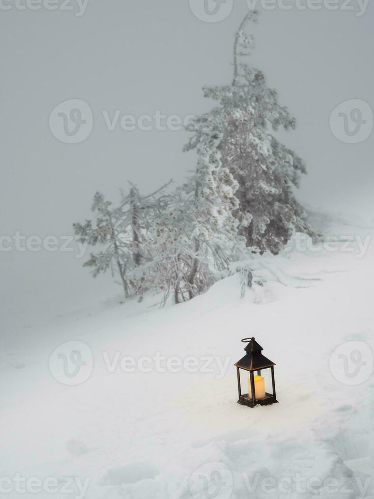 oud lantaarn met een kaars staat Aan de avond sneeuw in een ijzig mistig winter Woud met bizar gedraaid bomen. verticaal visie. foto