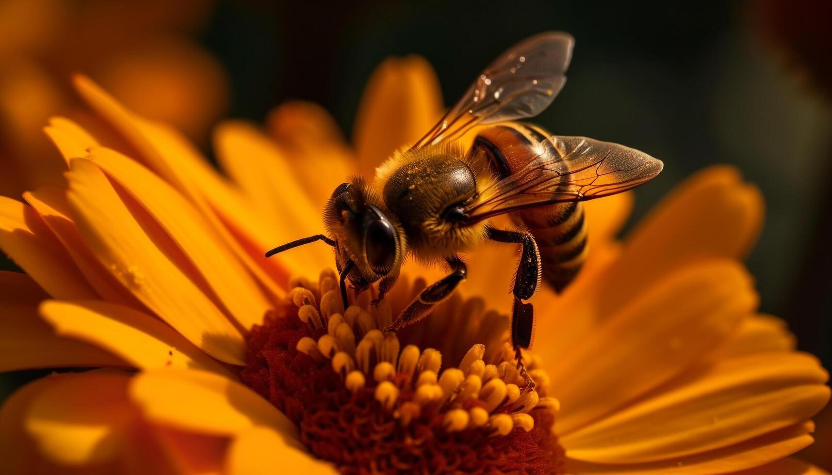 bezig honing bij plukken omhoog geel stuifmeel gegenereerd door ai foto