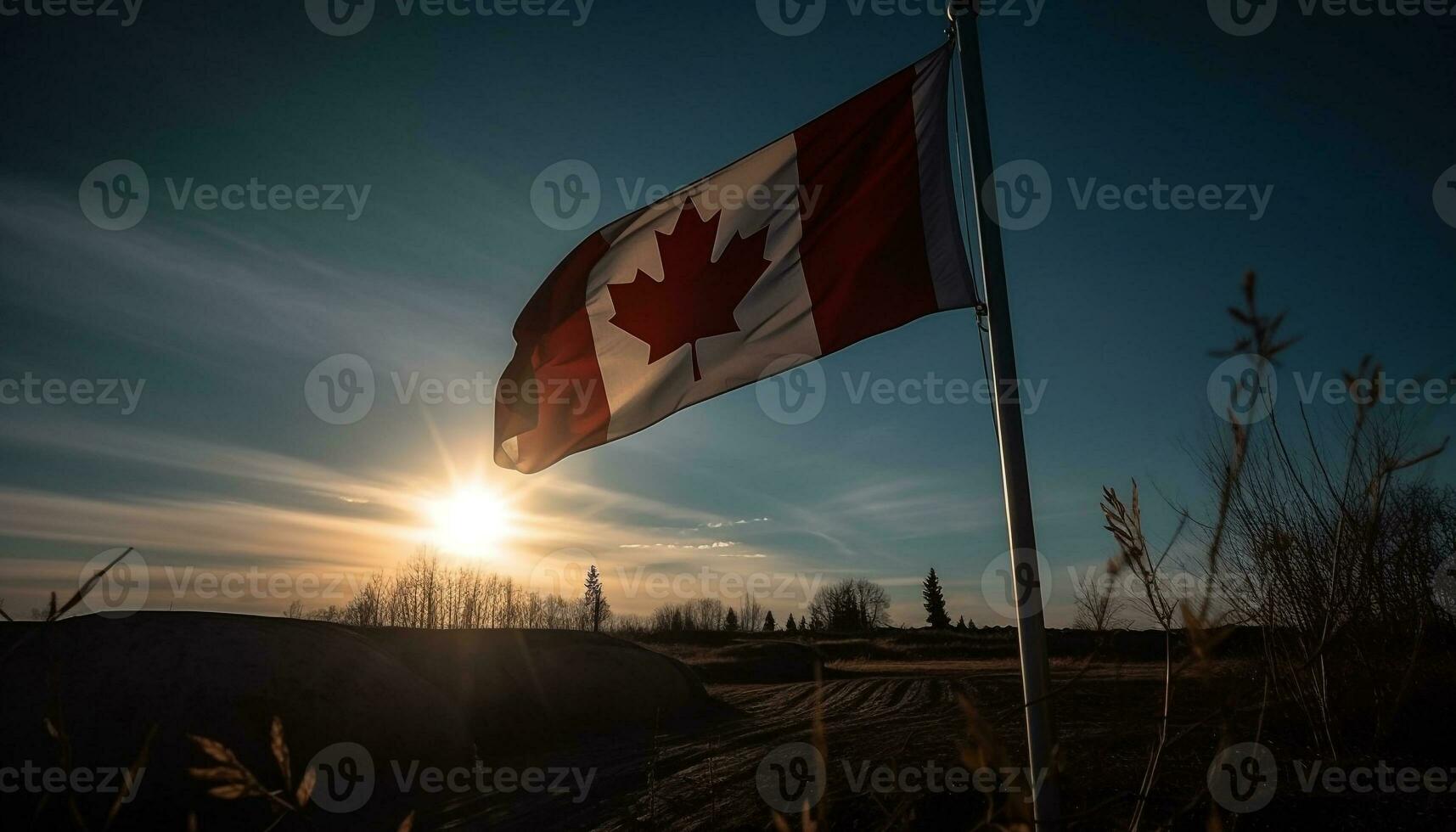 Canadees vlag golven in rustig landelijk zonsondergang gegenereerd door ai foto