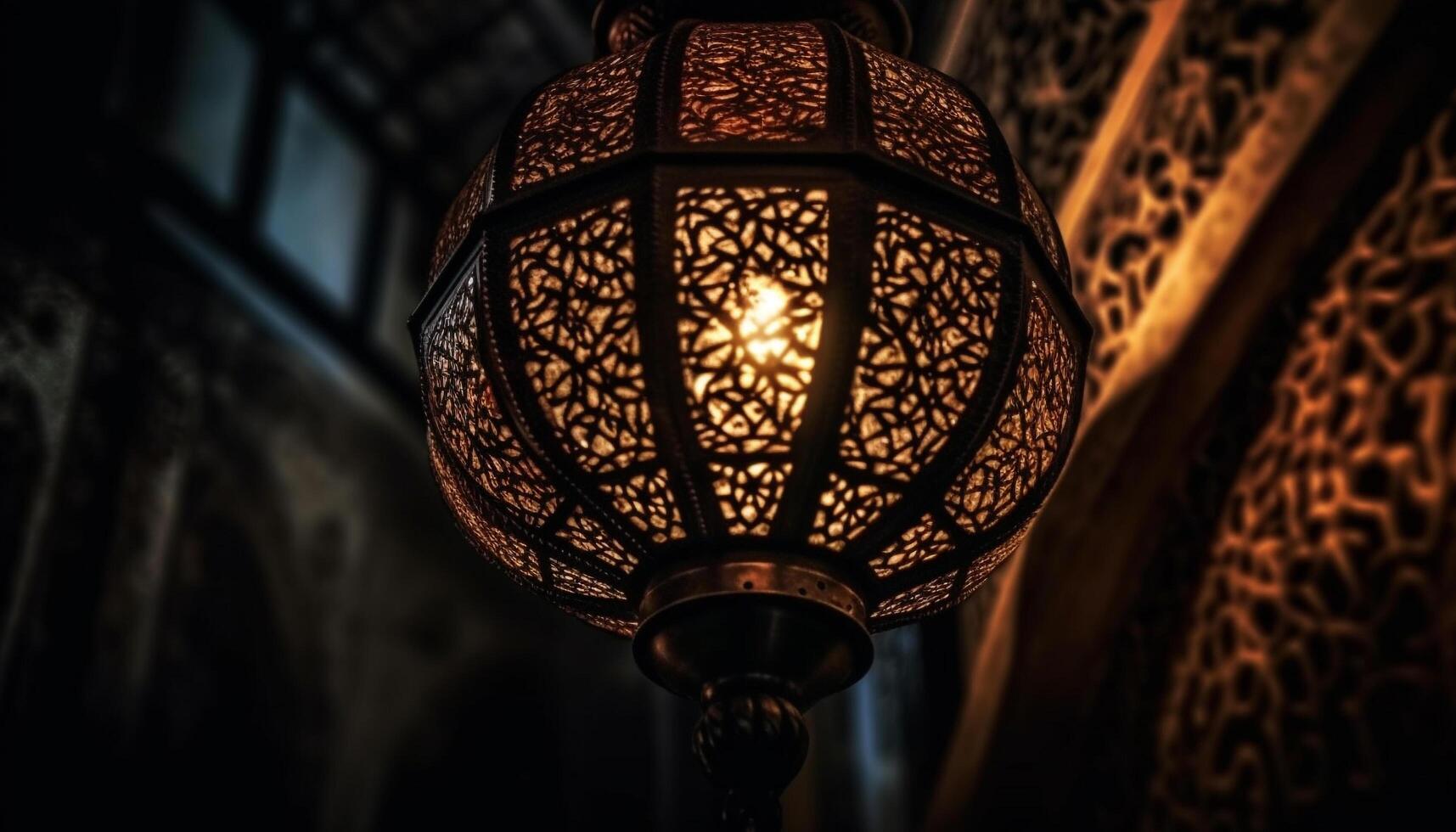 antiek lantaarn hangende buitenshuis verlichte Arabisch cultuur gegenereerd door ai foto
