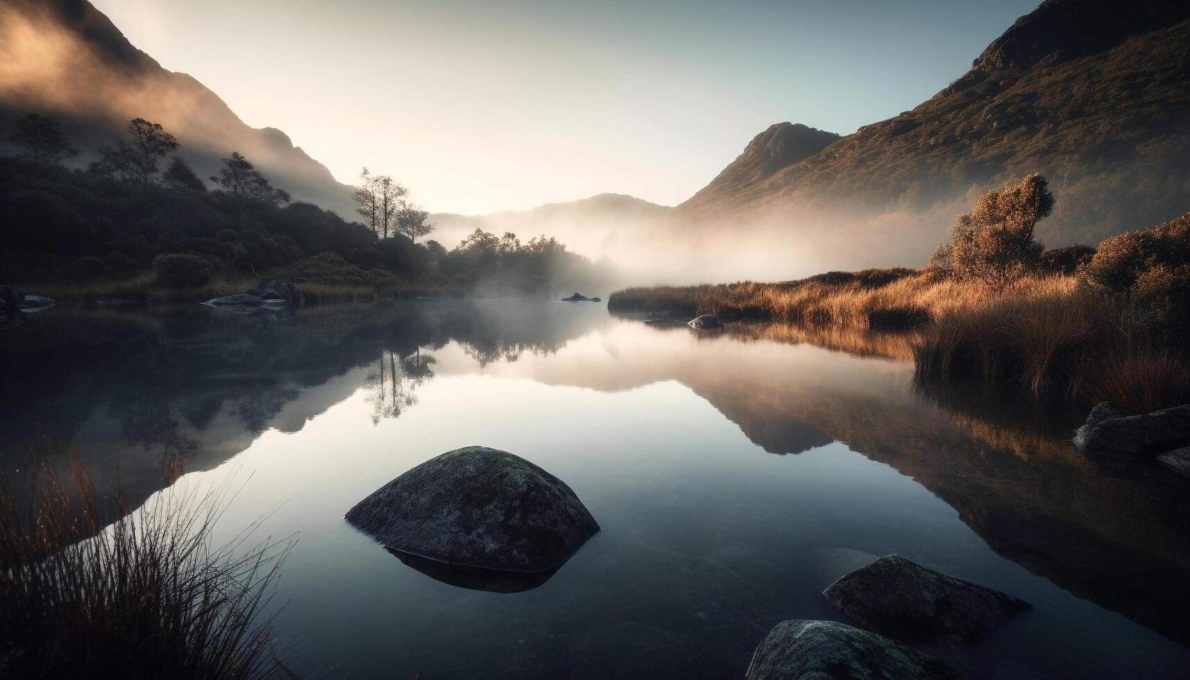 rustig tafereel in Asturië berg top reflectie gegenereerd door ai foto