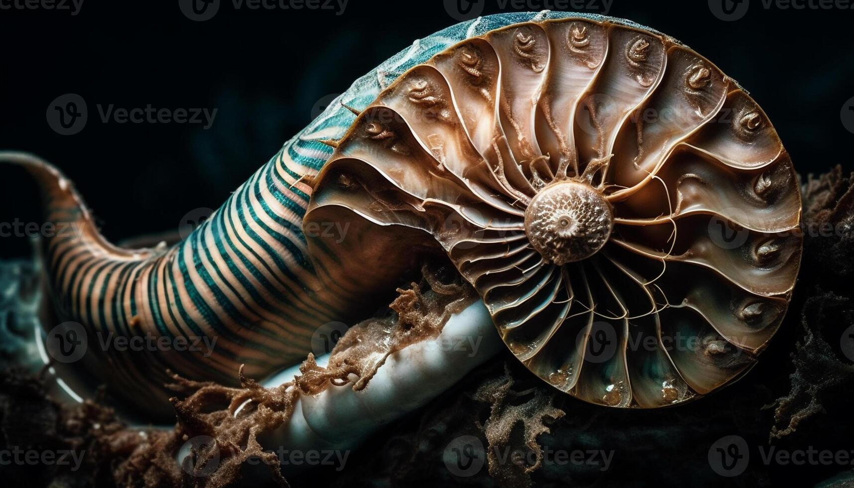 spiraal zeeschelp, een fractal van onderwater- schoonheid gegenereerd door ai foto