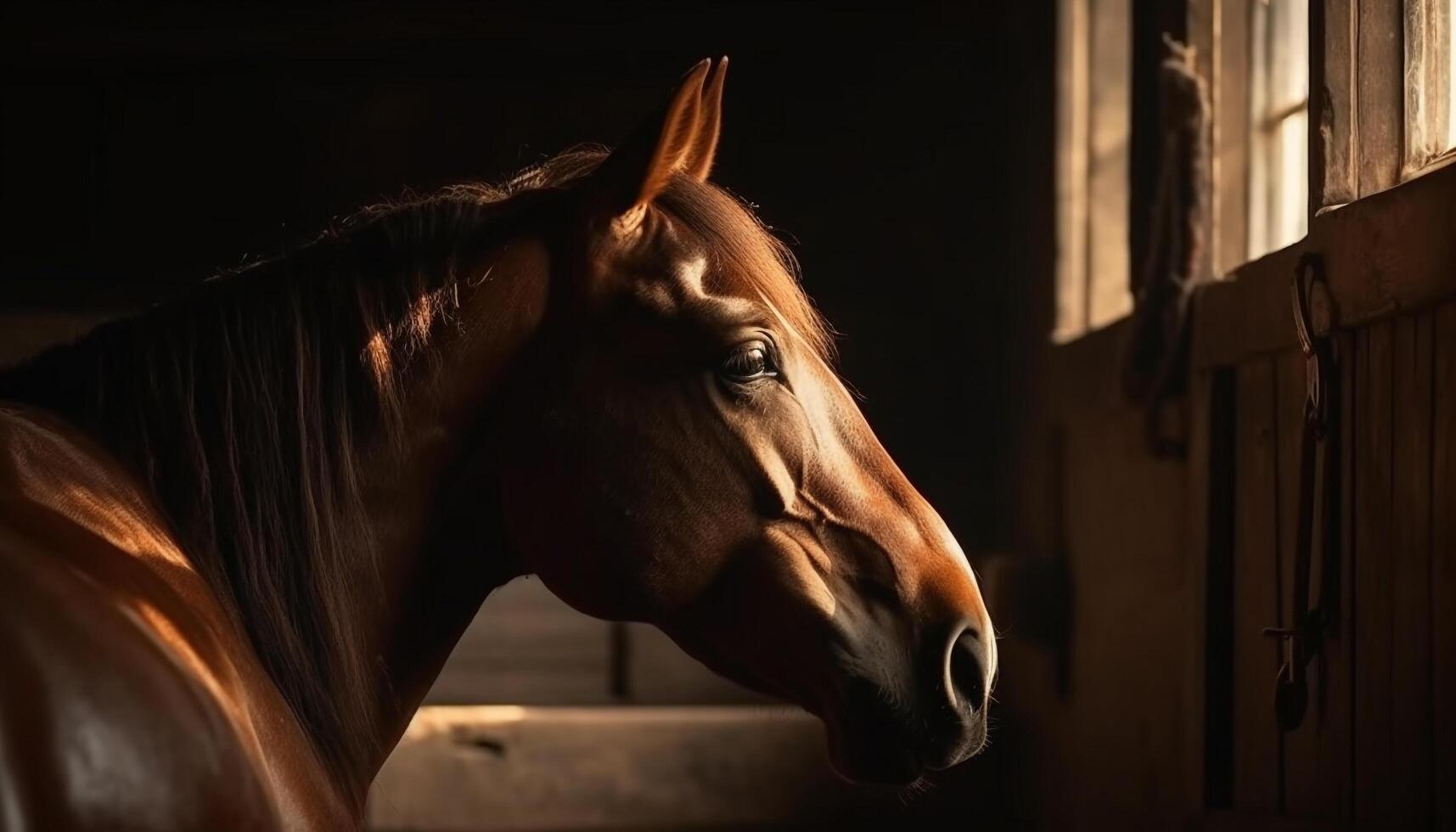 majestueus hengst in rustig weide Bij zonsondergang gegenereerd door ai foto