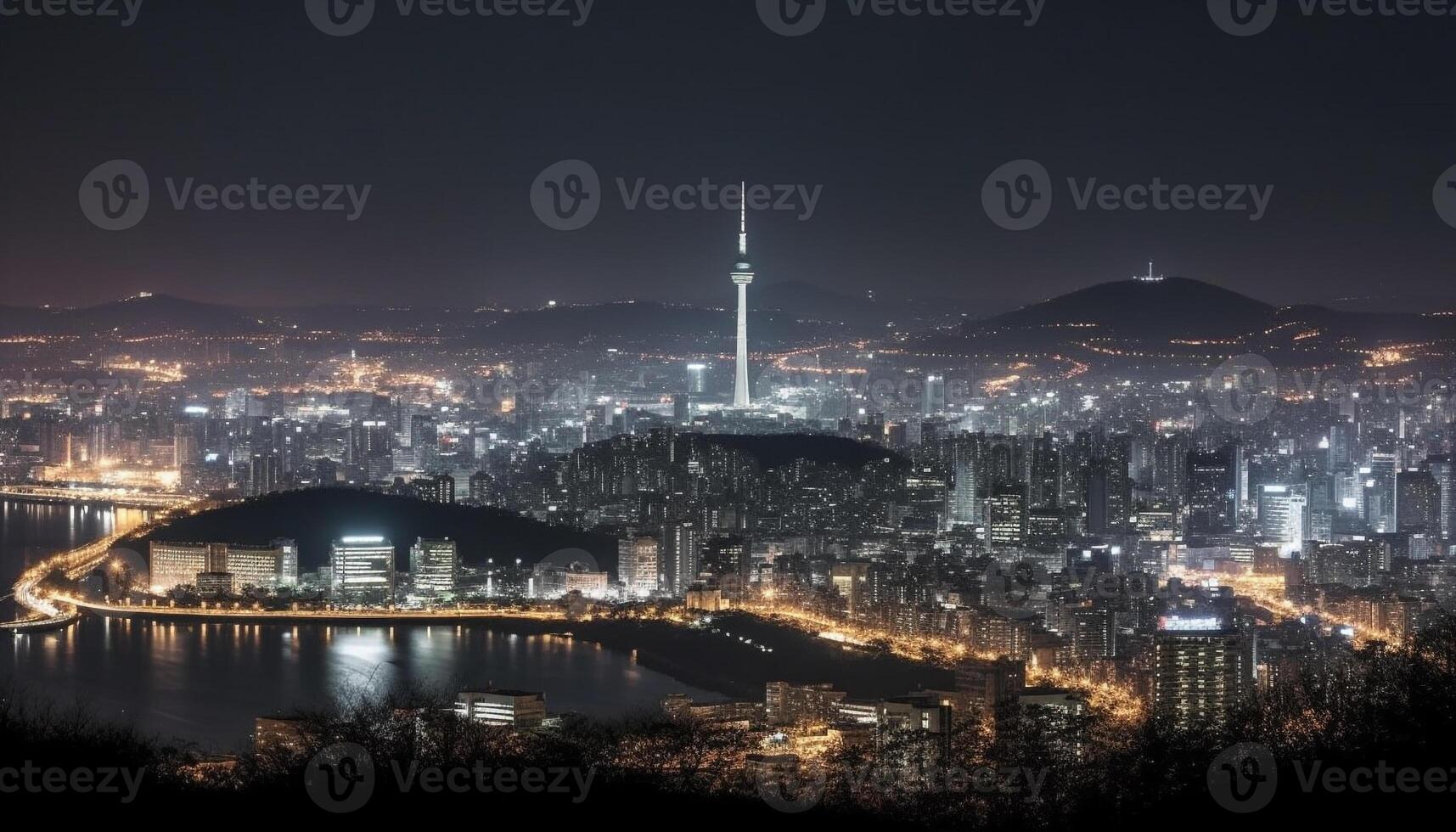 verlichte wolkenkrabbers licht omhoog tokyo stadsgezicht Bij schemer gegenereerd door ai foto