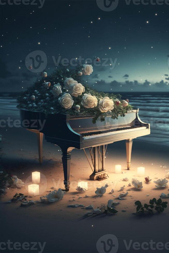 groots piano zittend Aan top van een zanderig strand. generatief ai. foto