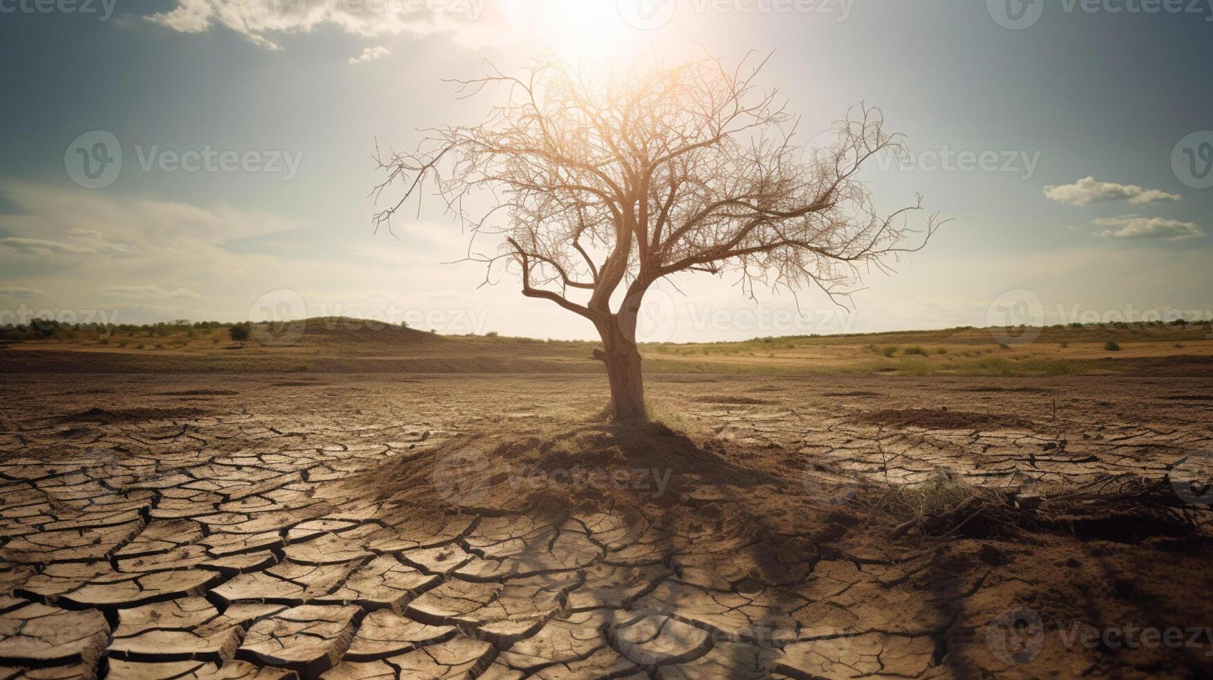 klimaat verandering verdord boom en droog aarde. ai gegenereerd foto