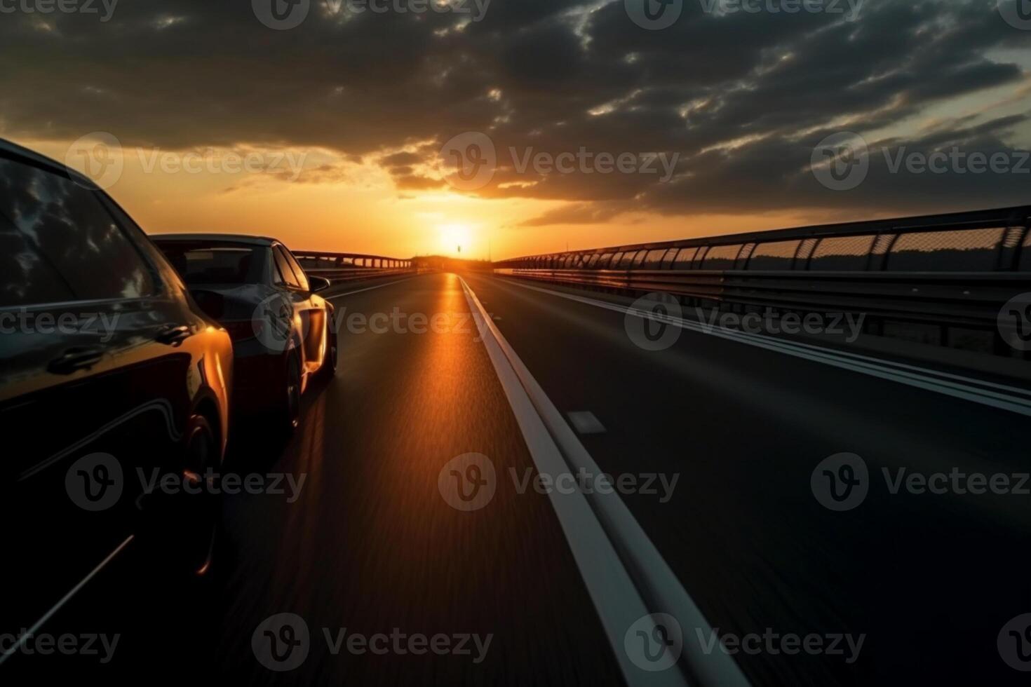 auto het rijden snel Aan de snelweg weg tegen lucht met zonsondergang ai gegenereerd foto