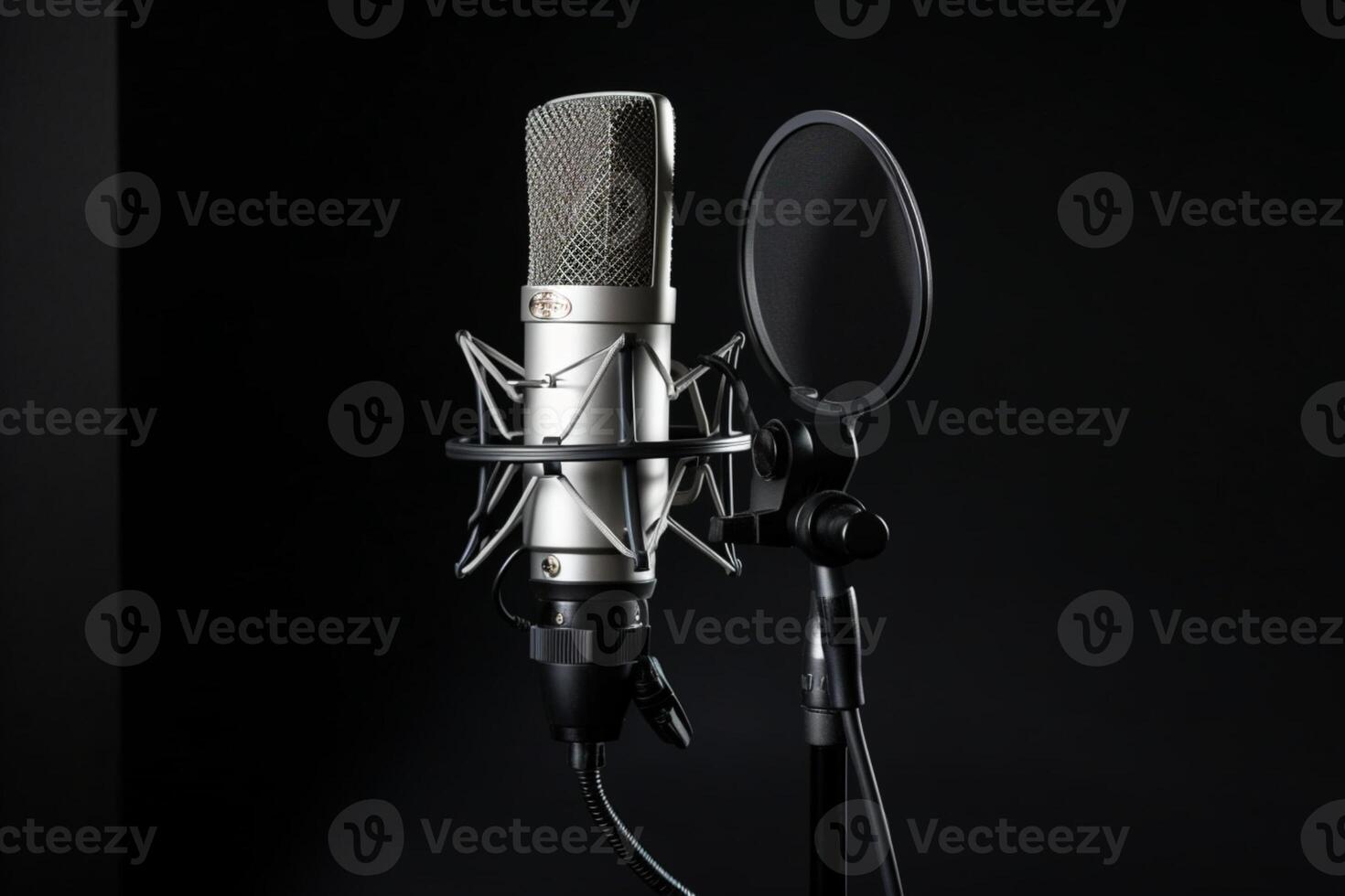 studio microfoon en knal schild Aan mic staan tegen grijs achtergrond ai gegenereerd foto