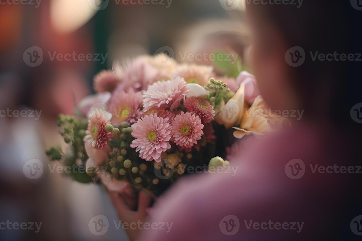 moeder Holding een boeket van bloemen. generatief ai foto