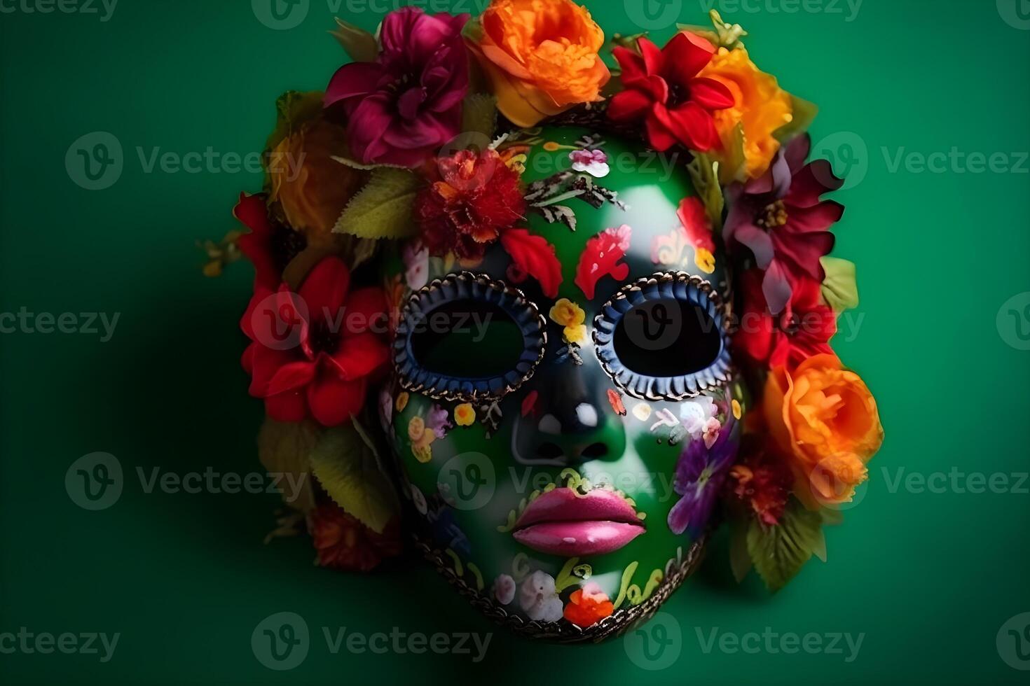 dag van de dood suiker schedel masker met bloemen Aan groen achtergrond. generatief ai foto