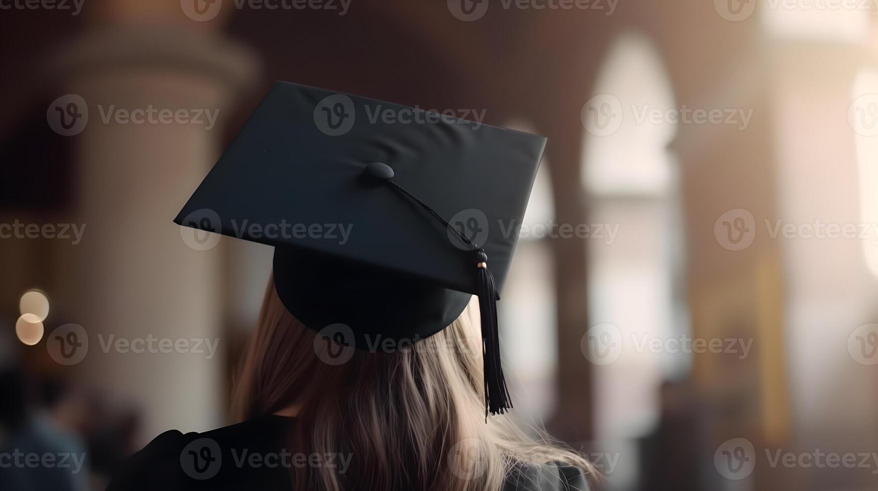 dichtbij omhoog van een vrouw vervelend diploma uitreiking kap. generatief ai foto