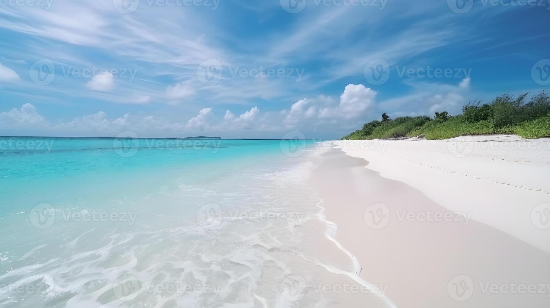 een strand met een blauw lucht en wit wolken. generatief ai foto