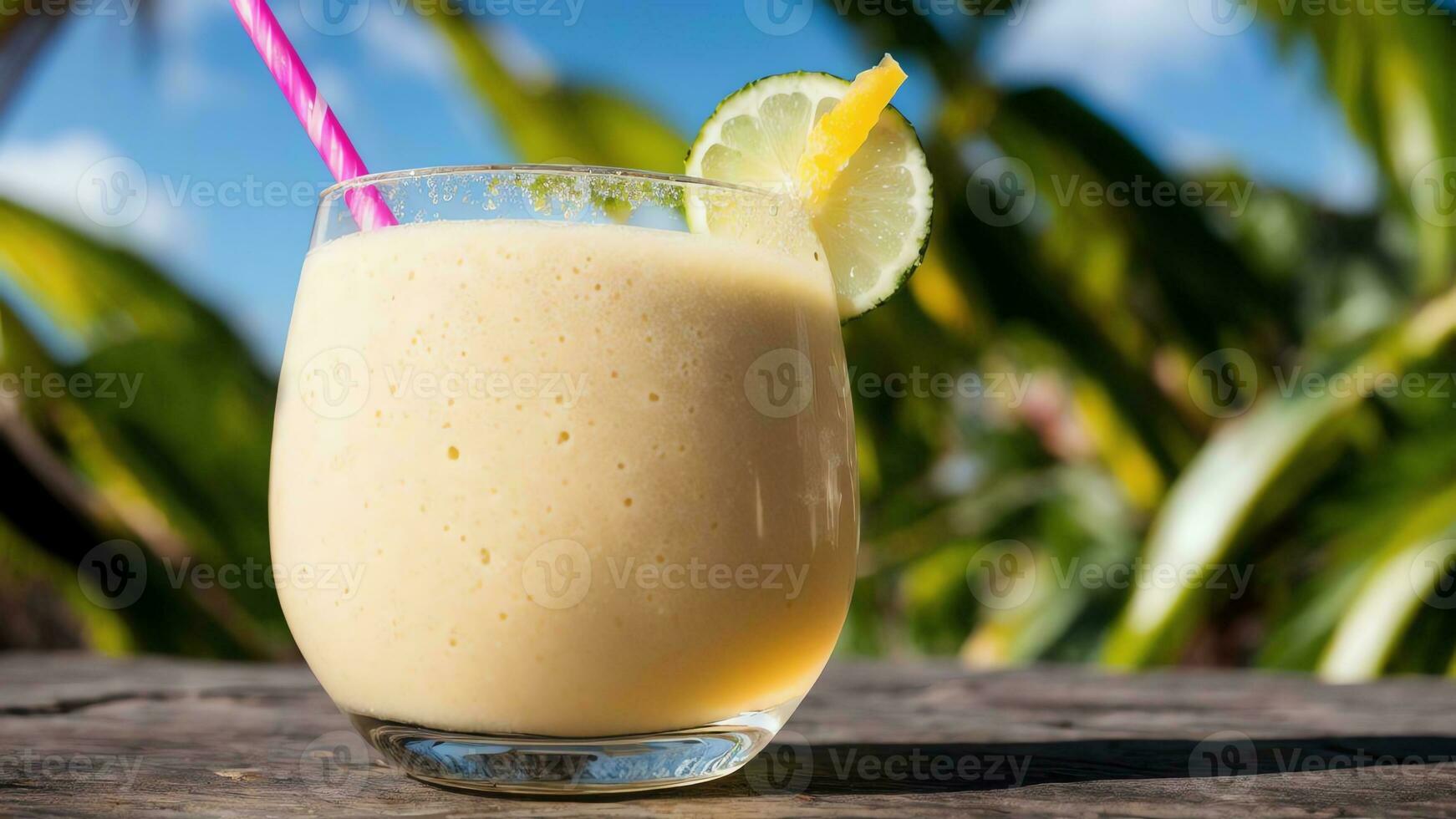 gezond kokosnoot water pina colada door de strand. ai gegenereerd. foto