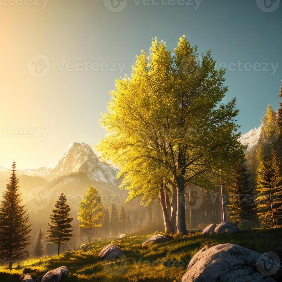 verbazingwekkend berg landschap met kleurrijk levendig zonsondergang Aan de lucht, generatief ai foto