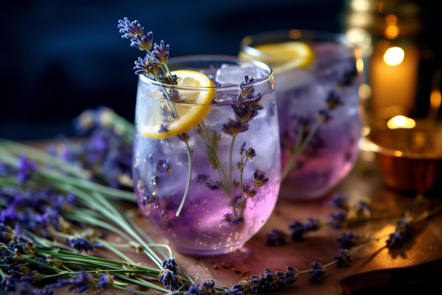 zomer paars limonade met ijs kubussen en lavendel, generatief ai foto