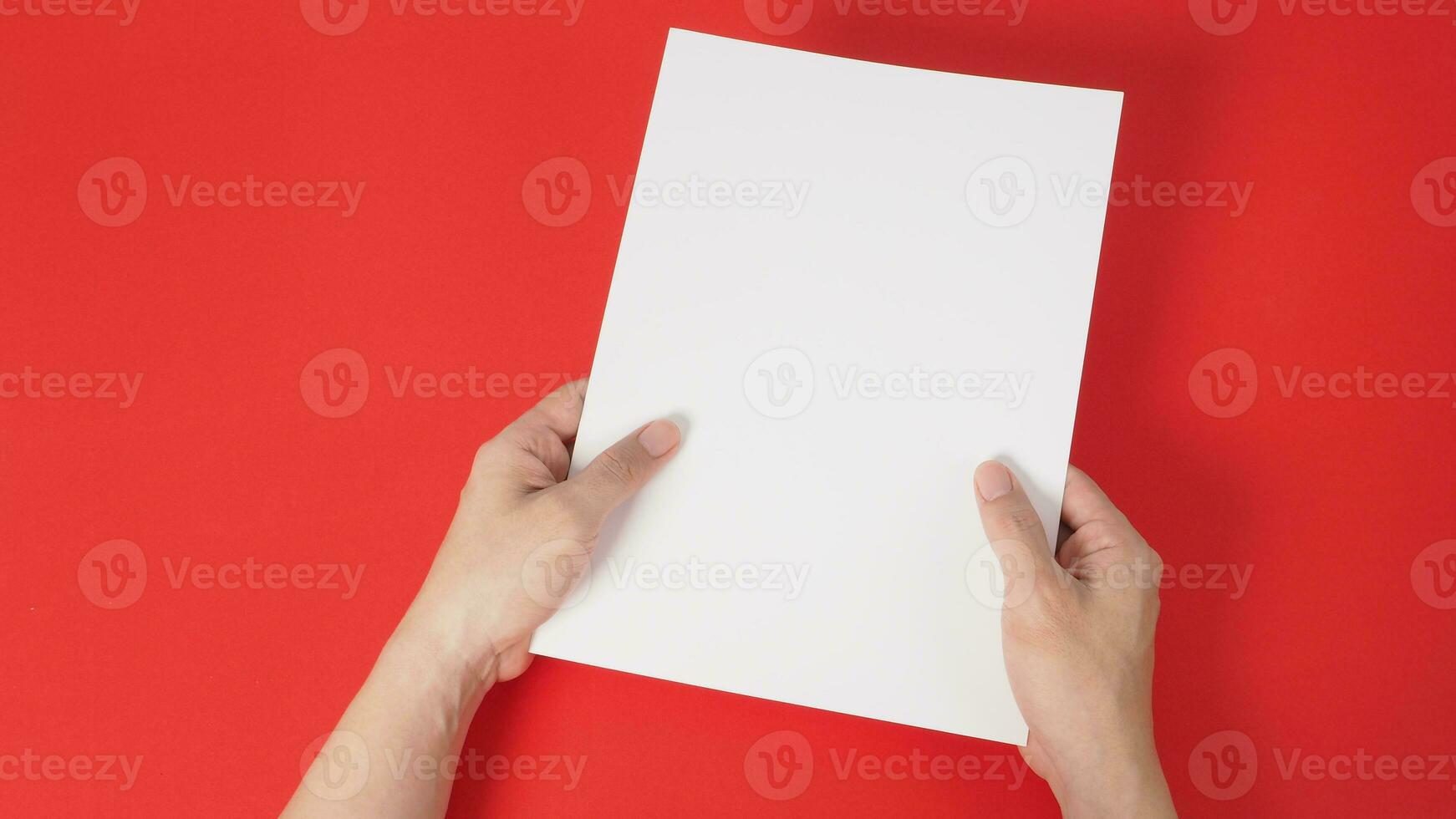 handen is Holding de wit a4 papier Aan rood achtergrond. foto