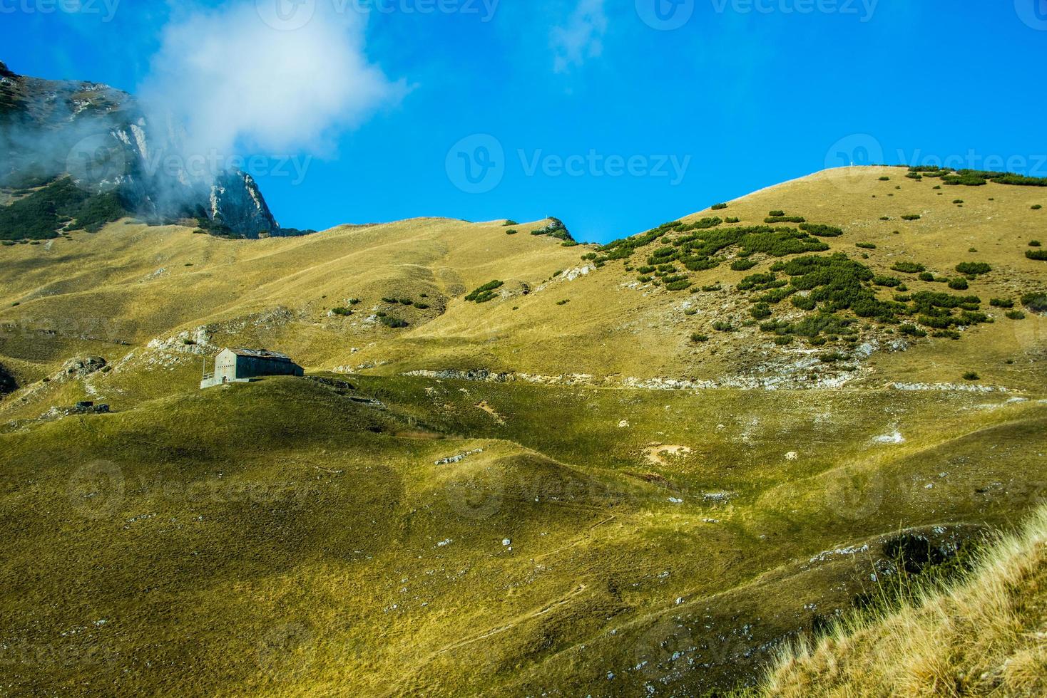 hut tussen de gele herfstvelden op de Alpen foto