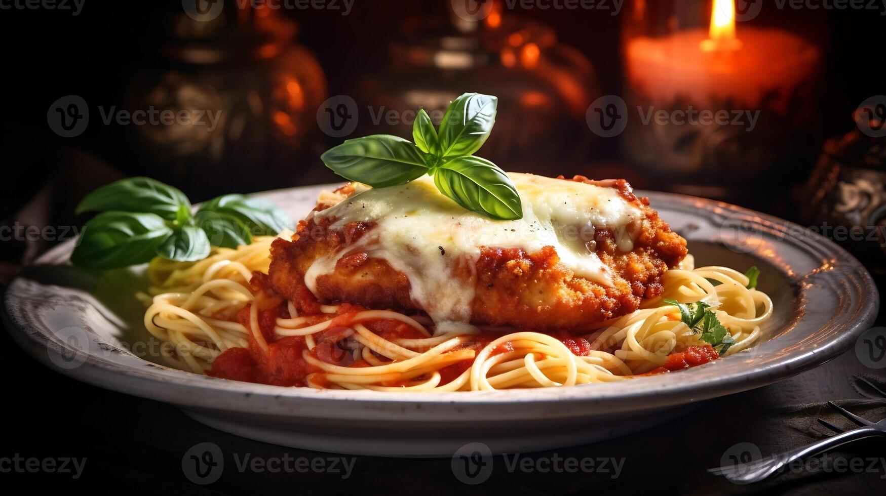 ai gegenereerd. prachtig geplateerd kip Parmezaanse kaas Aan vintagegeïnspireerd keramisch bord. goudbruine gepaneerd kotelet met tomaat saus en gesmolten kaas. kant van spaghetti, vers basilicum. foto