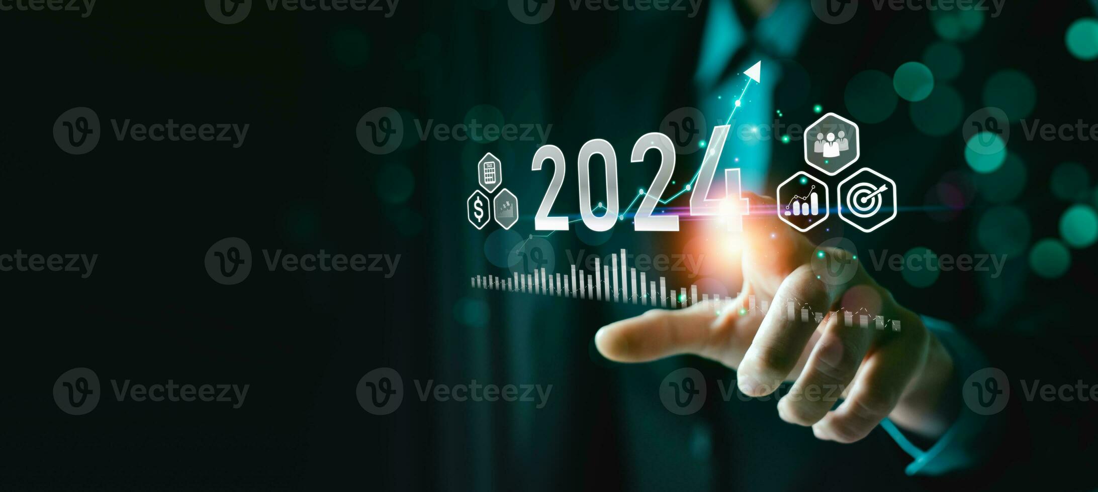 bedrijf groeit in 2024. analytisch zakenman planning bedrijf groei 2024, strategie digitaal marketing, winst inkomen, economie, voorraad markt trends en bedrijf, technisch analyse strategie foto