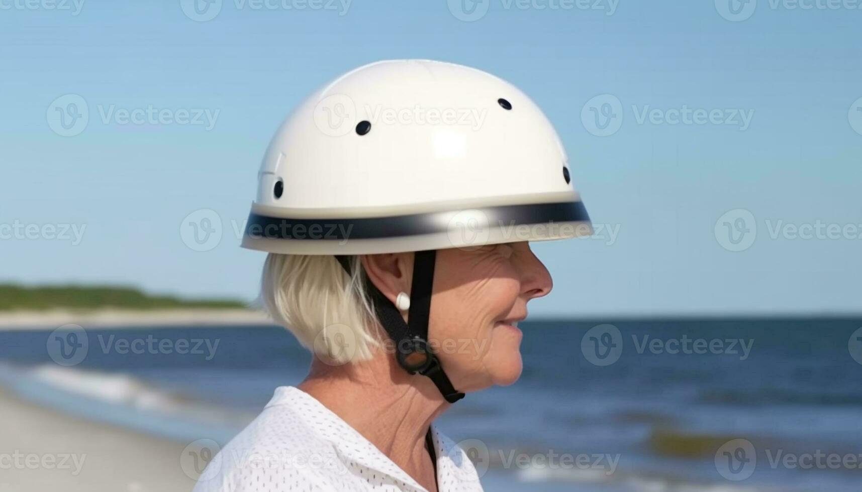 een vrouw lachend, op zoek weg, vervelend blauw sport- helm buitenshuis gegenereerd door ai foto