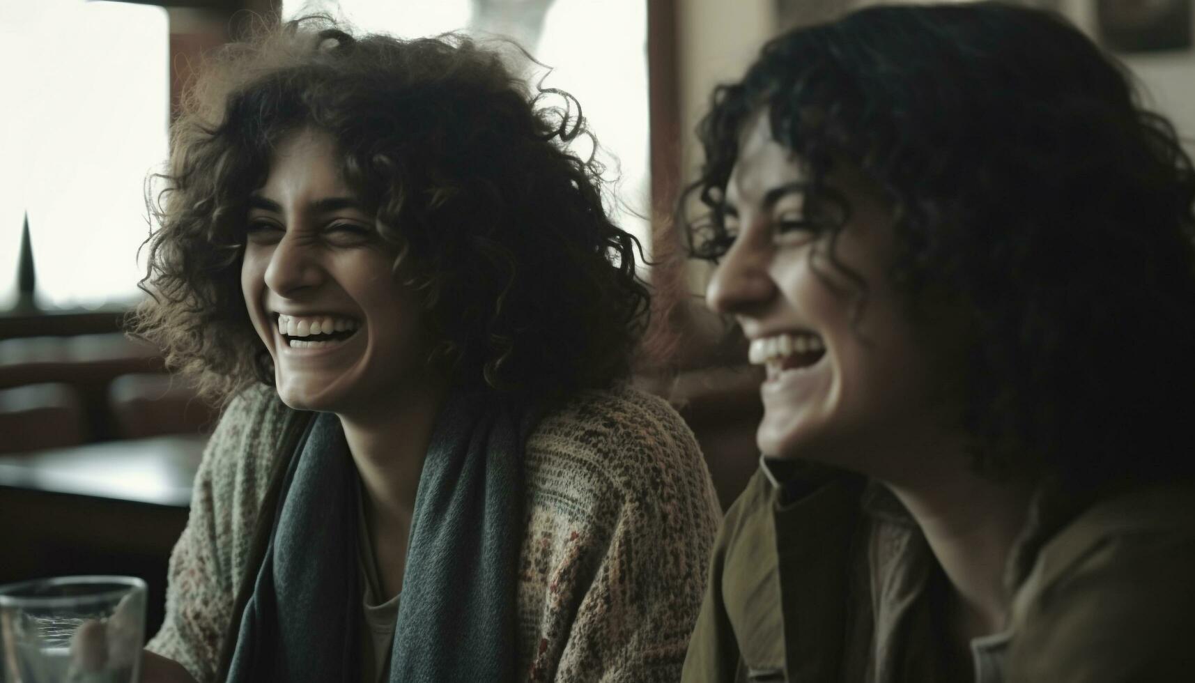 twee jong Dames zittend binnenshuis, lachend met toothy glimlacht gegenereerd door ai foto