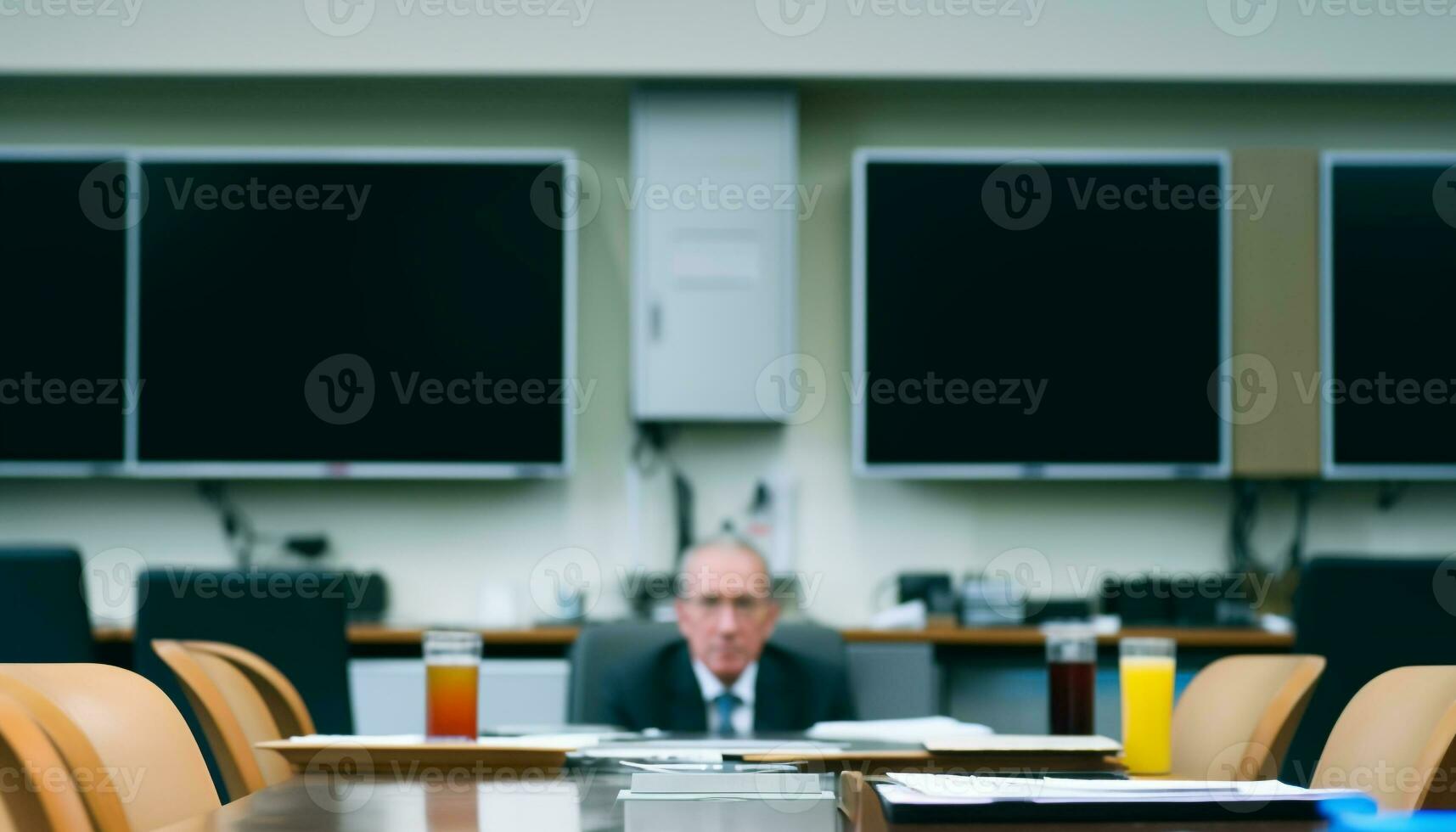 zelfverzekerd zakenman zittend Bij bureau, onderwijs in modern klas gegenereerd door ai foto