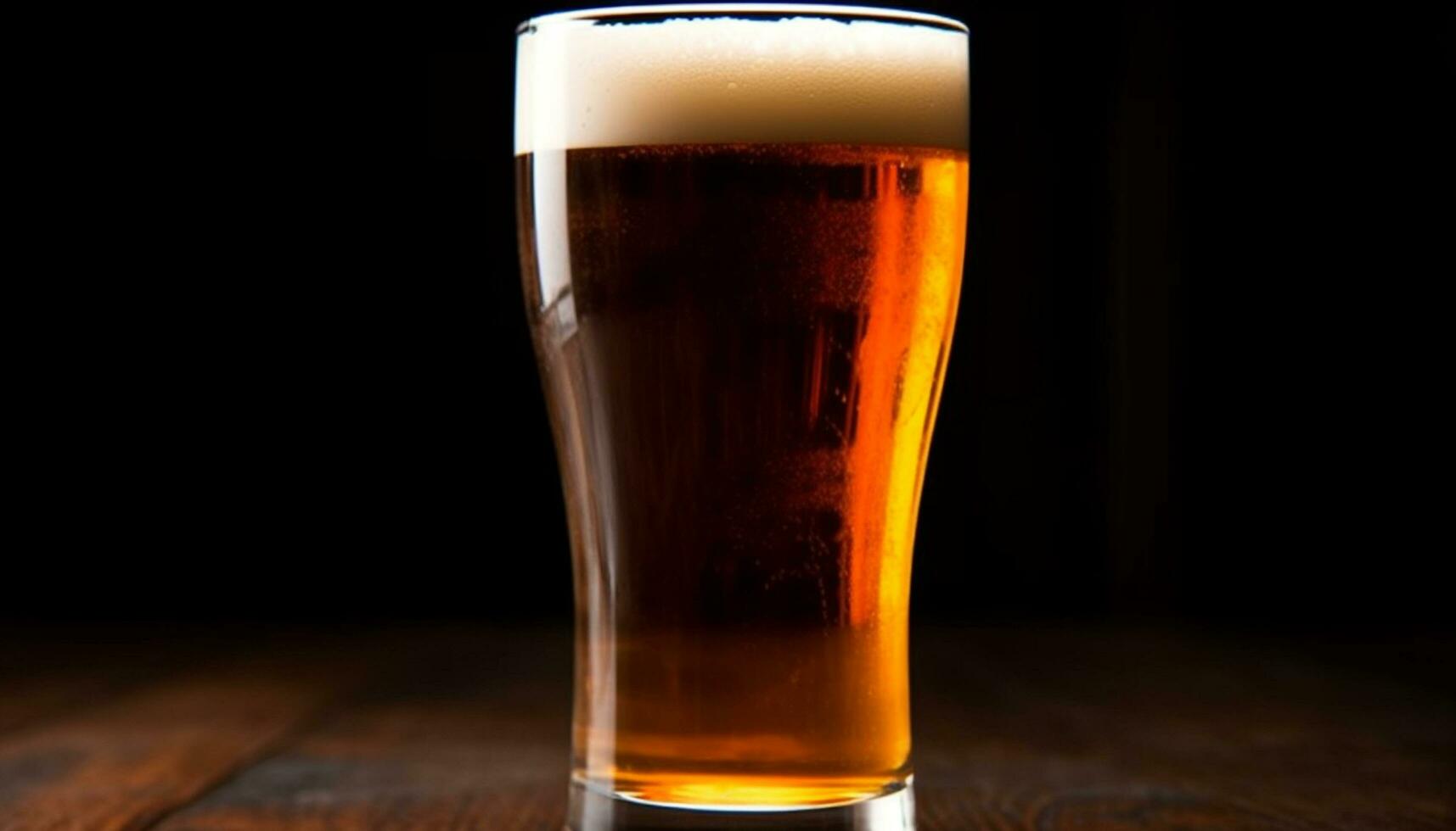 schuimig bier in een pint glas Aan een donker bar teller gegenereerd door ai foto